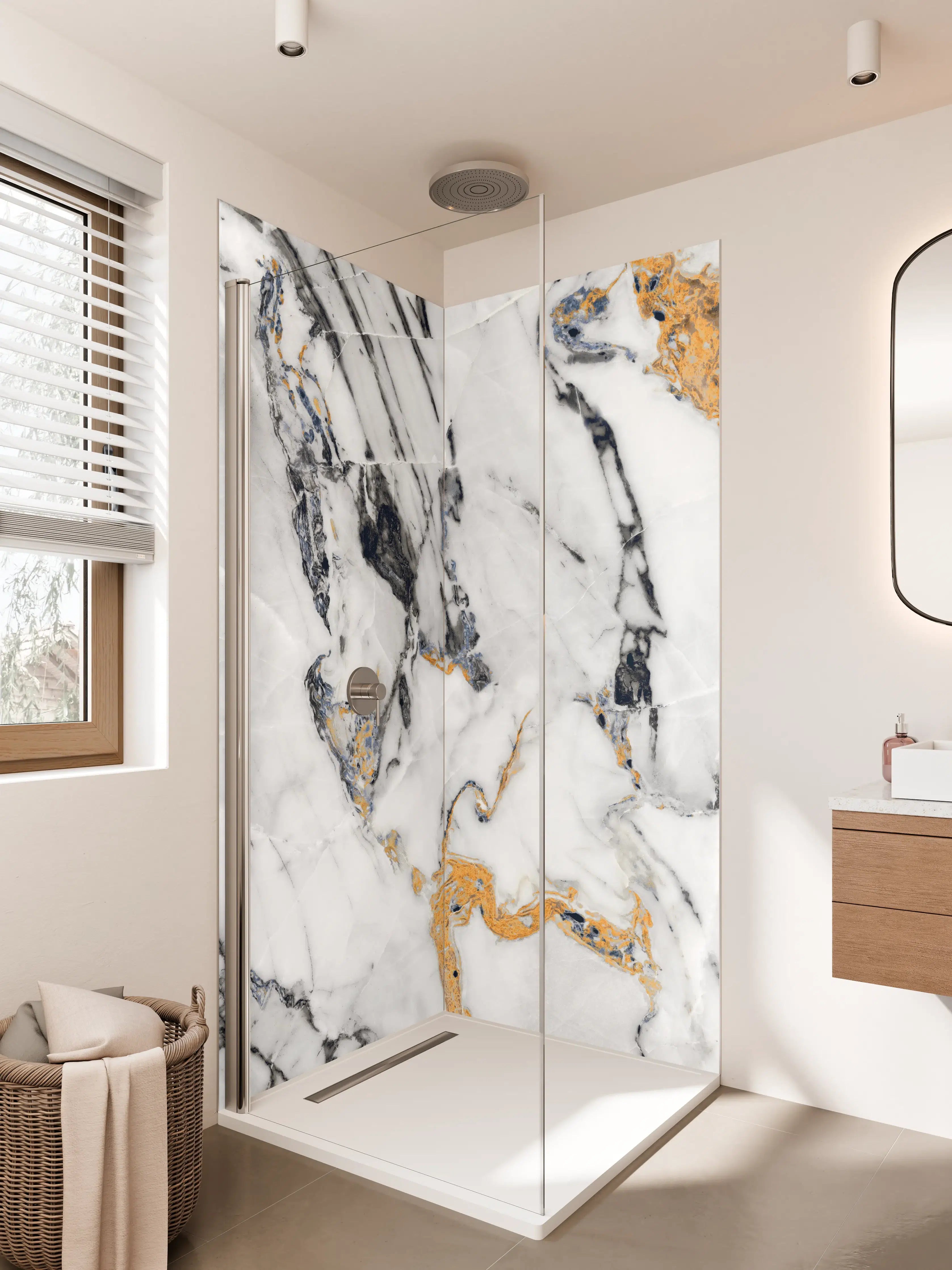 Duschrückwand - Grauer Marmor mit Gold-Details