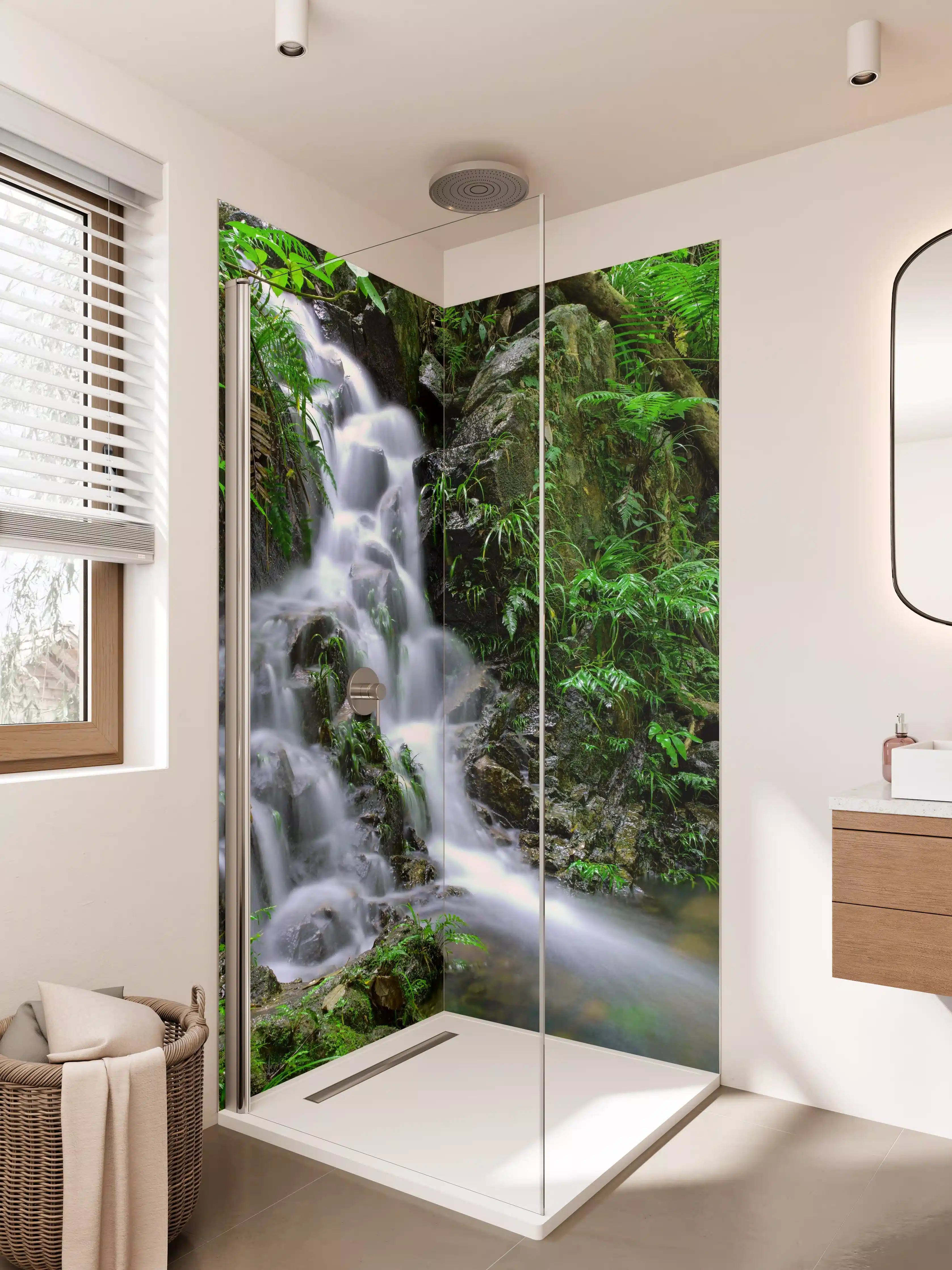 Duschrückwand - Grauer Wasserfall im Dschungel