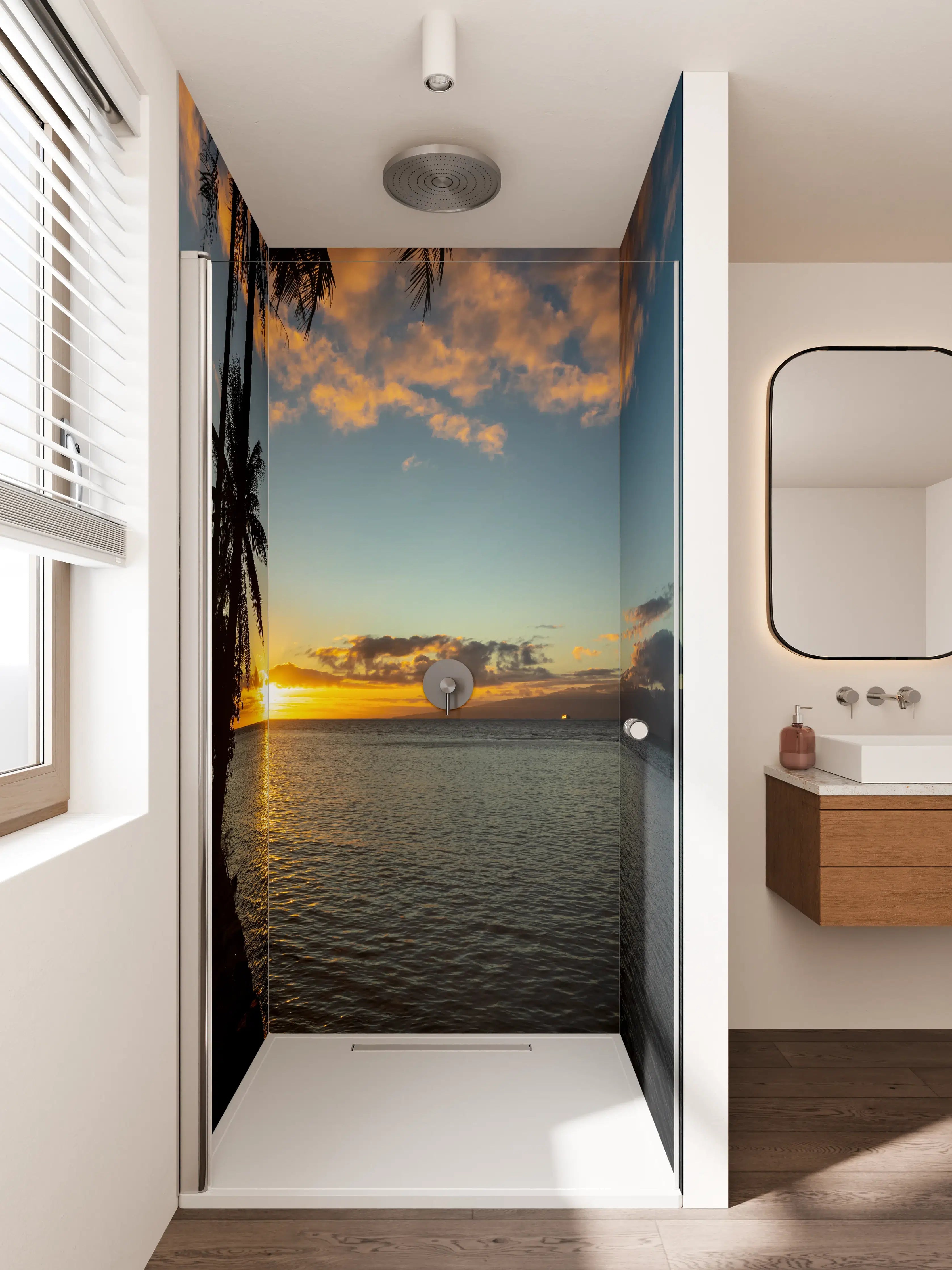 Duschrückwand - Graues Licht am Palmenstrand