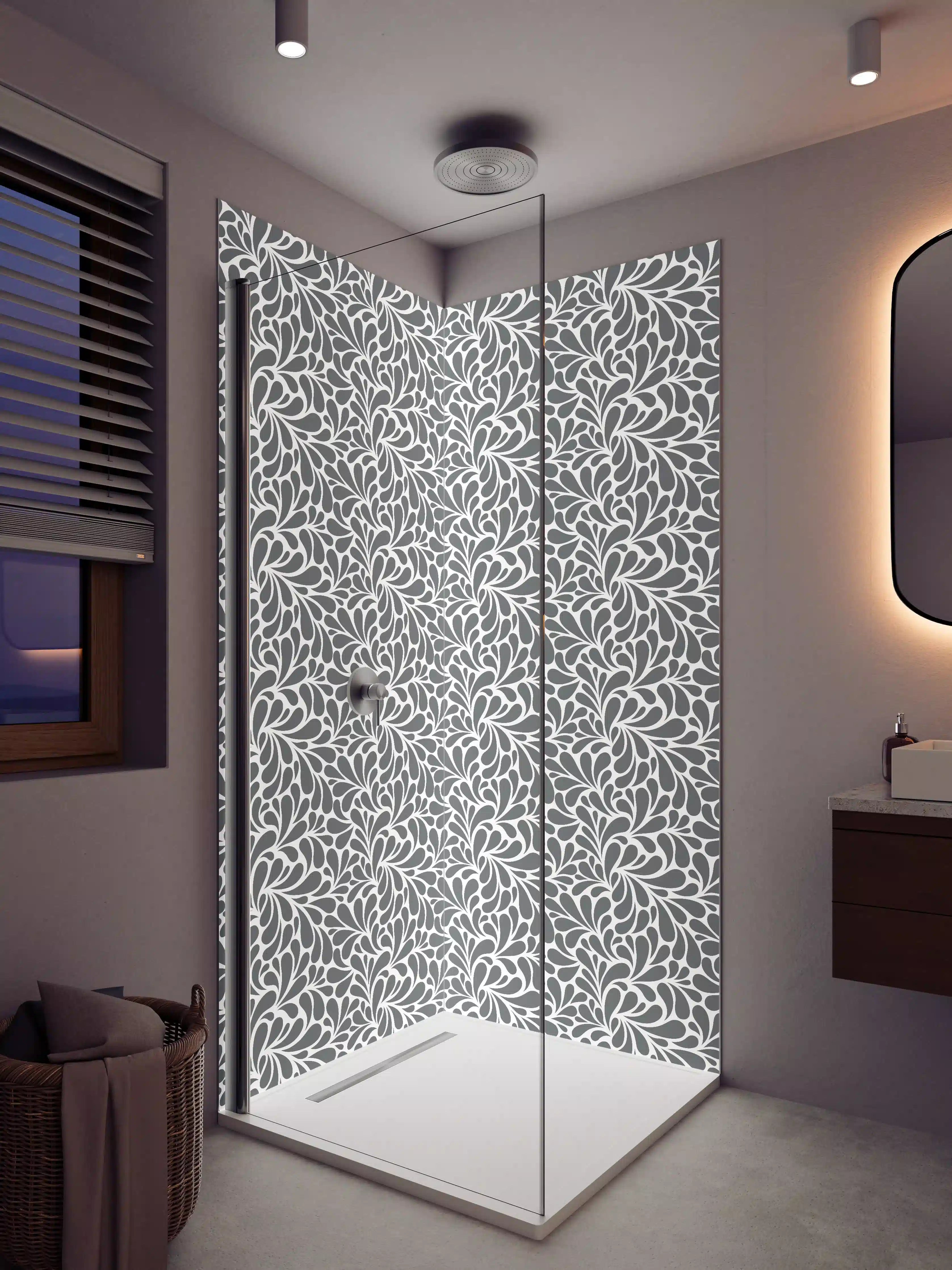 Duschrückwand - Graues Muster mit weißen Blätter-Design