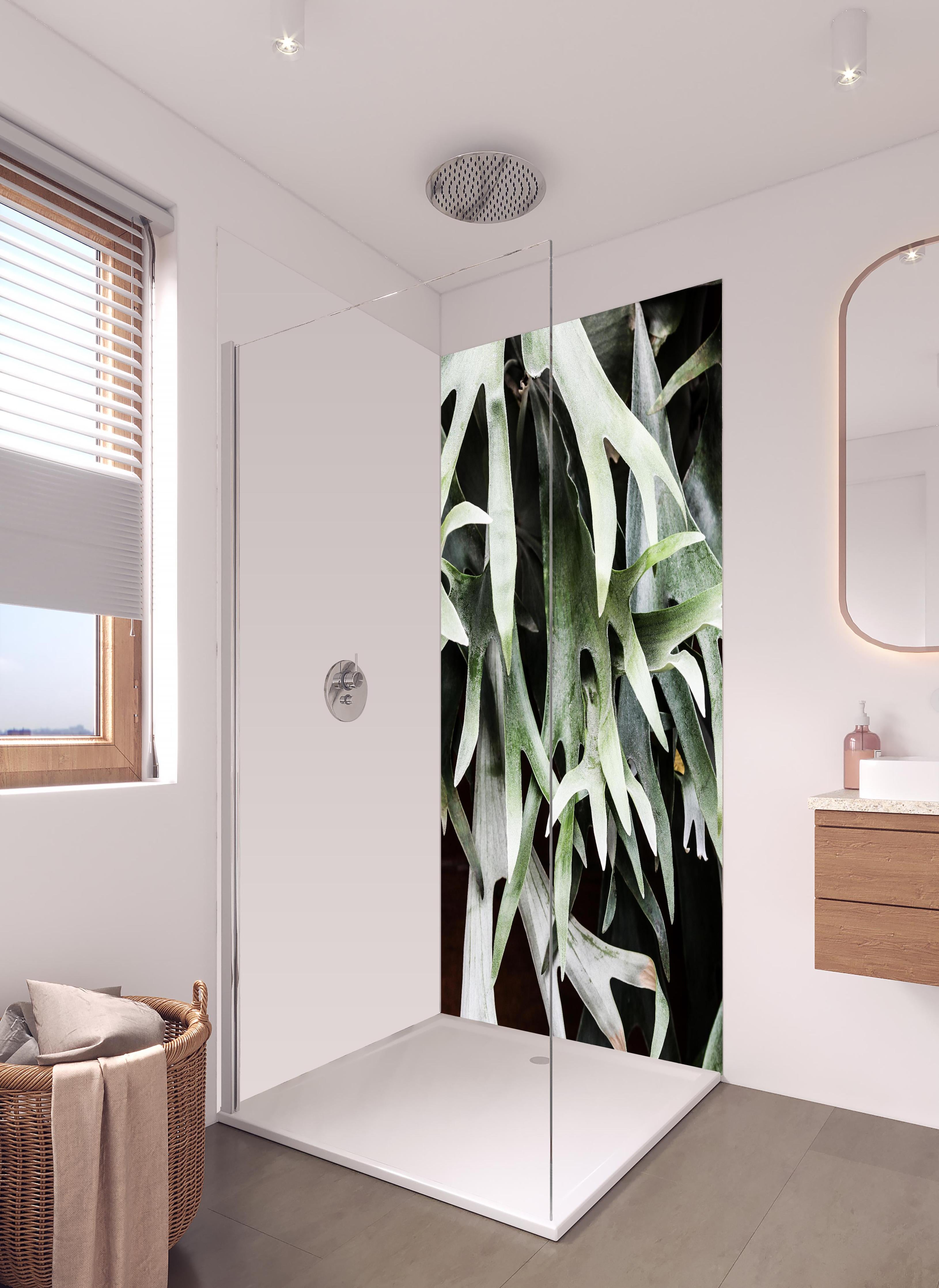 Duschrückwand - Grün-Graues Staghorn Farngewächs Makroaufnahme in hellem Badezimmer mit Regenduschkopf  - zweiteilige Eck-Duschrückwand