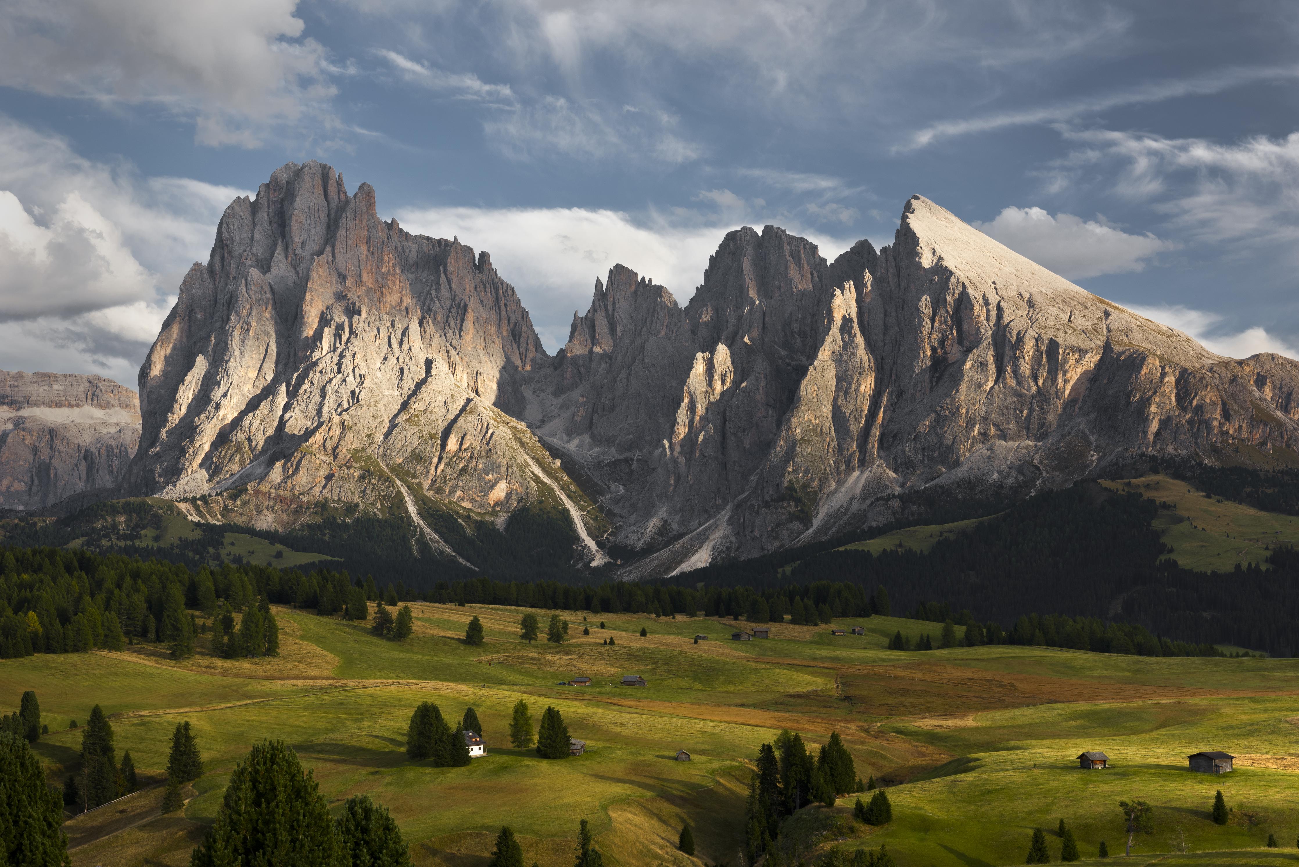 Duschrückwand-Grüne Alpenwiesen vor Dolomiten-Gipfeln