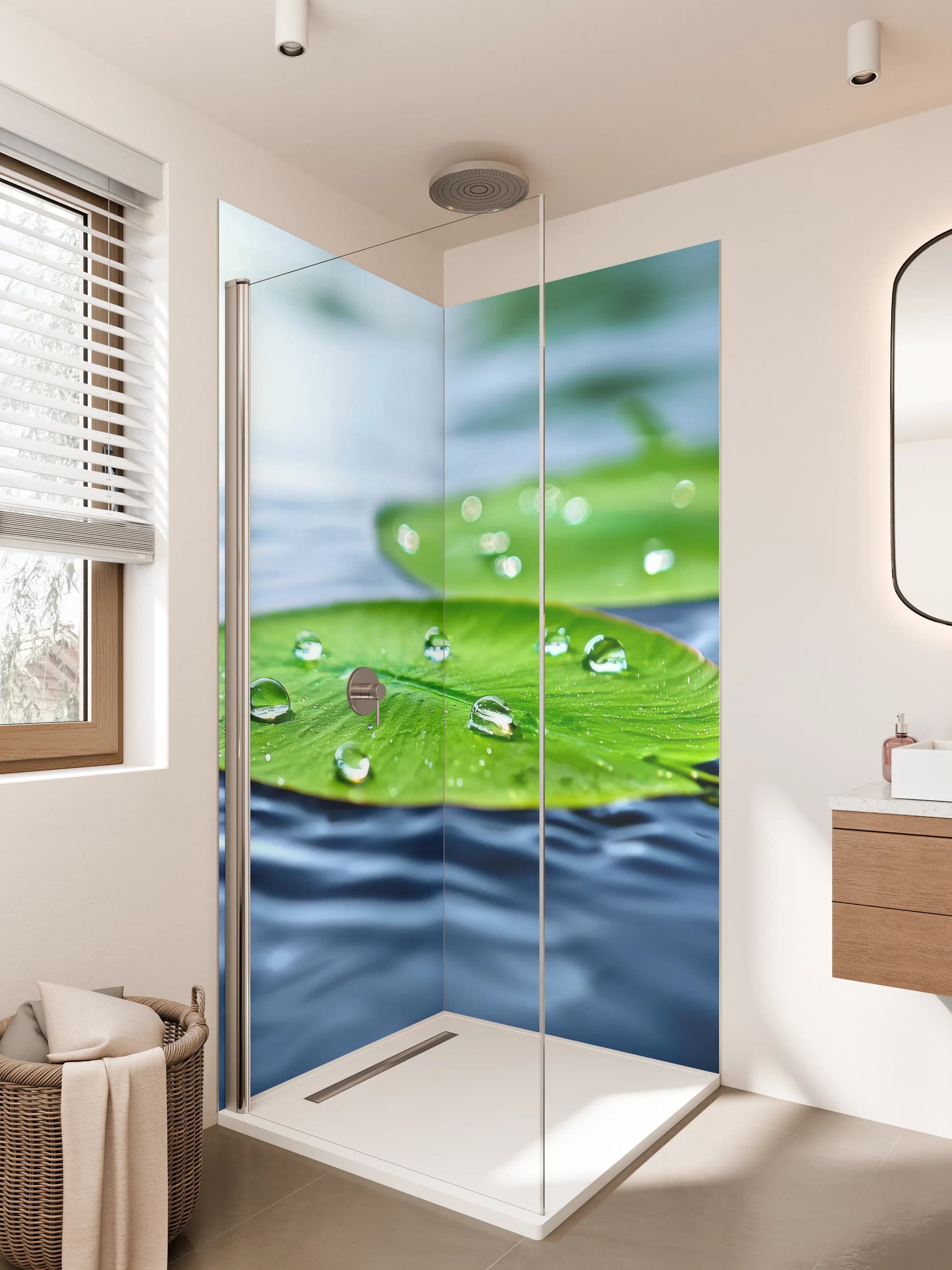Duschrückwand - Grüner Seerosenblatt mit Wassertropfen in Natur