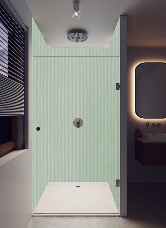 Duschrückwand - Grüner Stoff Textur in hellem Badezimmer mit Regenduschkopf  - zweiteilige Eck-Duschrückwand