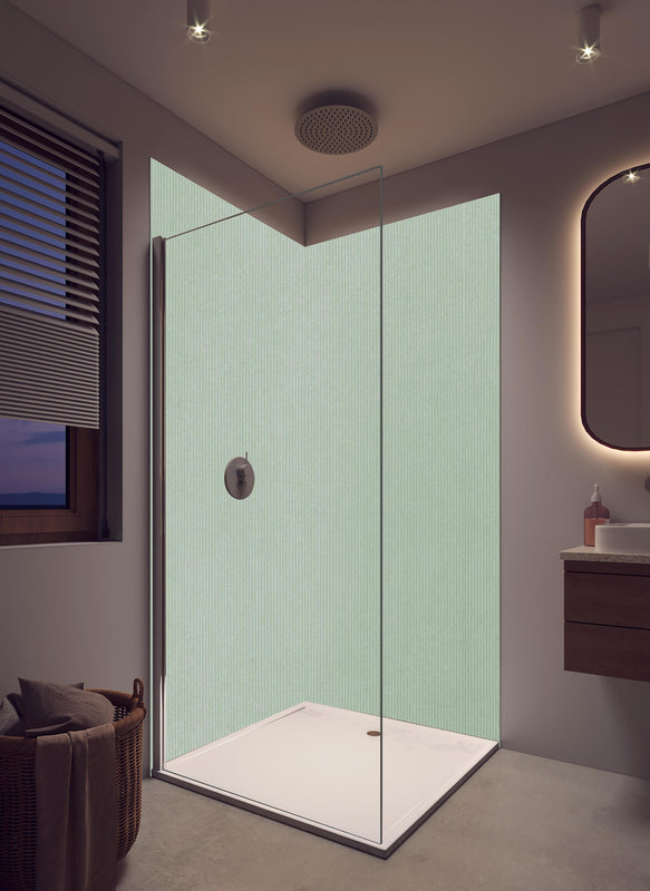 Duschrückwand - Grüner Stoff Textur in hellem Badezimmer mit Regenduschkopf  - zweiteilige Eck-Duschrückwand