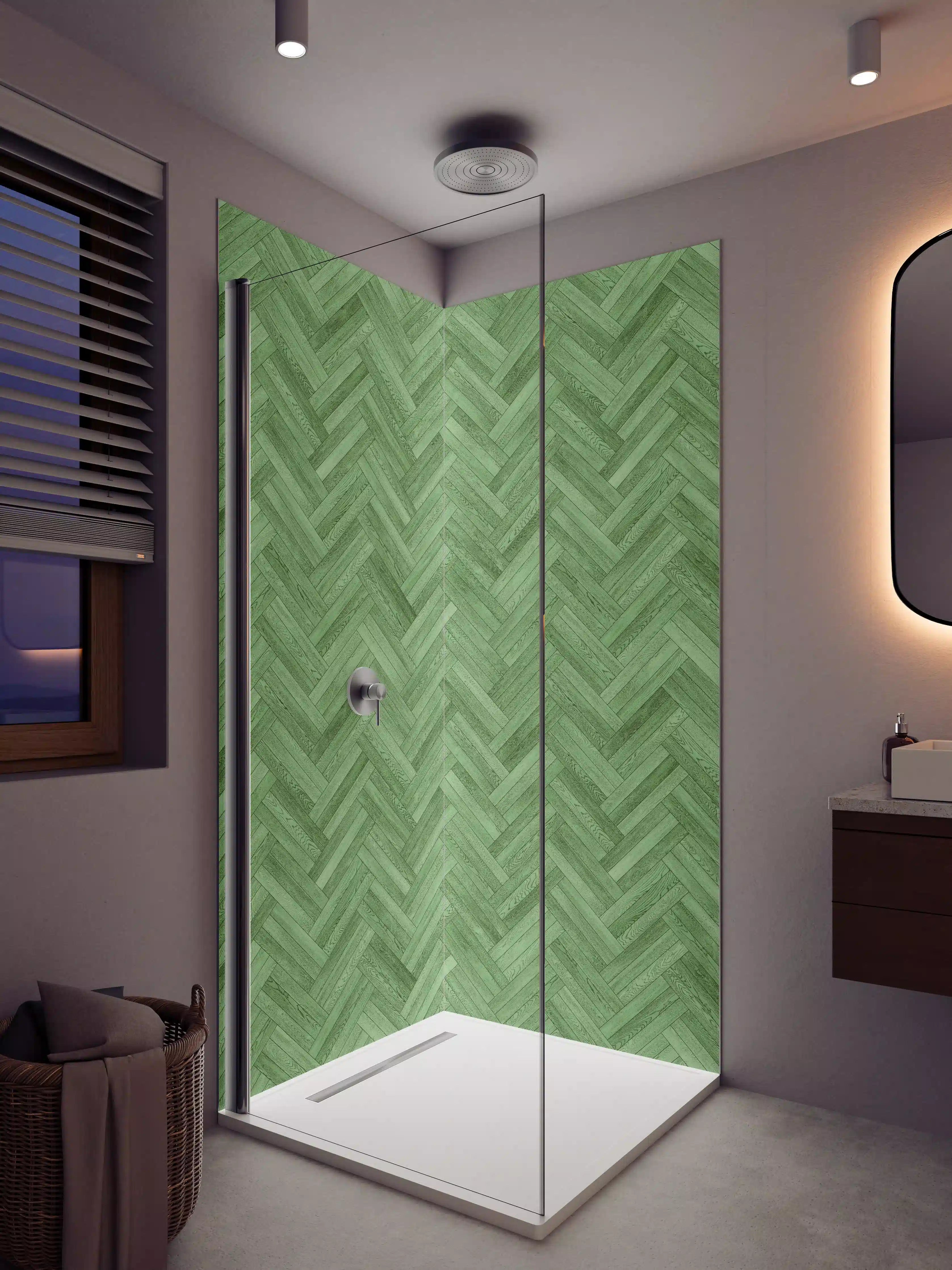 Duschrückwand - Grünes Holzdesign mit Zickzack-Muster
