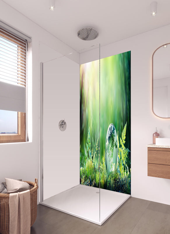 Duschrückwand - Grünlicher Globus im Wald in hellem Badezimmer mit Regenduschkopf  - zweiteilige Eck-Duschrückwand