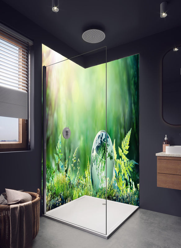 Duschrückwand - Grünlicher Globus im Wald in hellem Badezimmer mit Regenduschkopf  - zweiteilige Eck-Duschrückwand