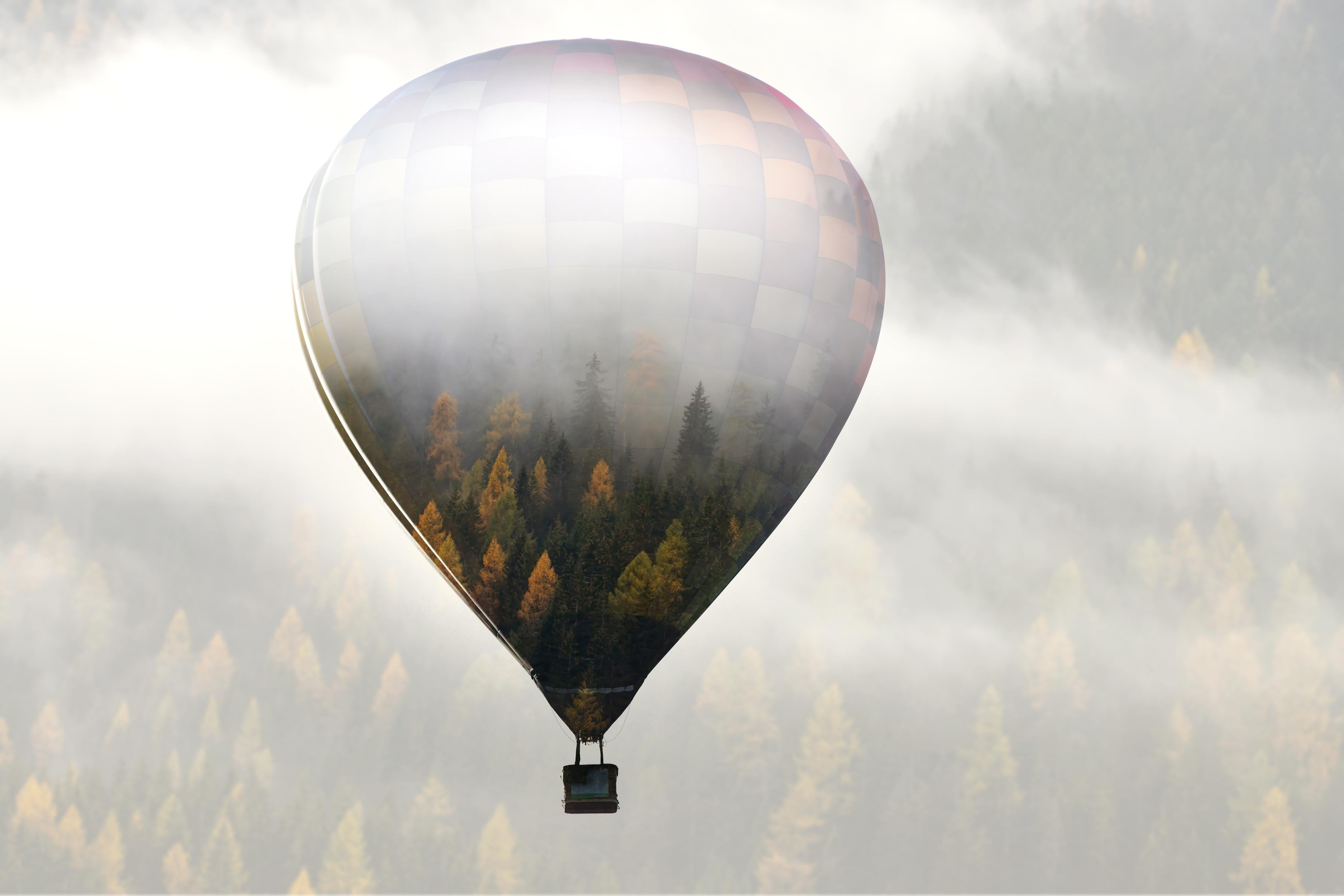 Duschrückwand-Heißluftballon - Spiegelung des Waldes