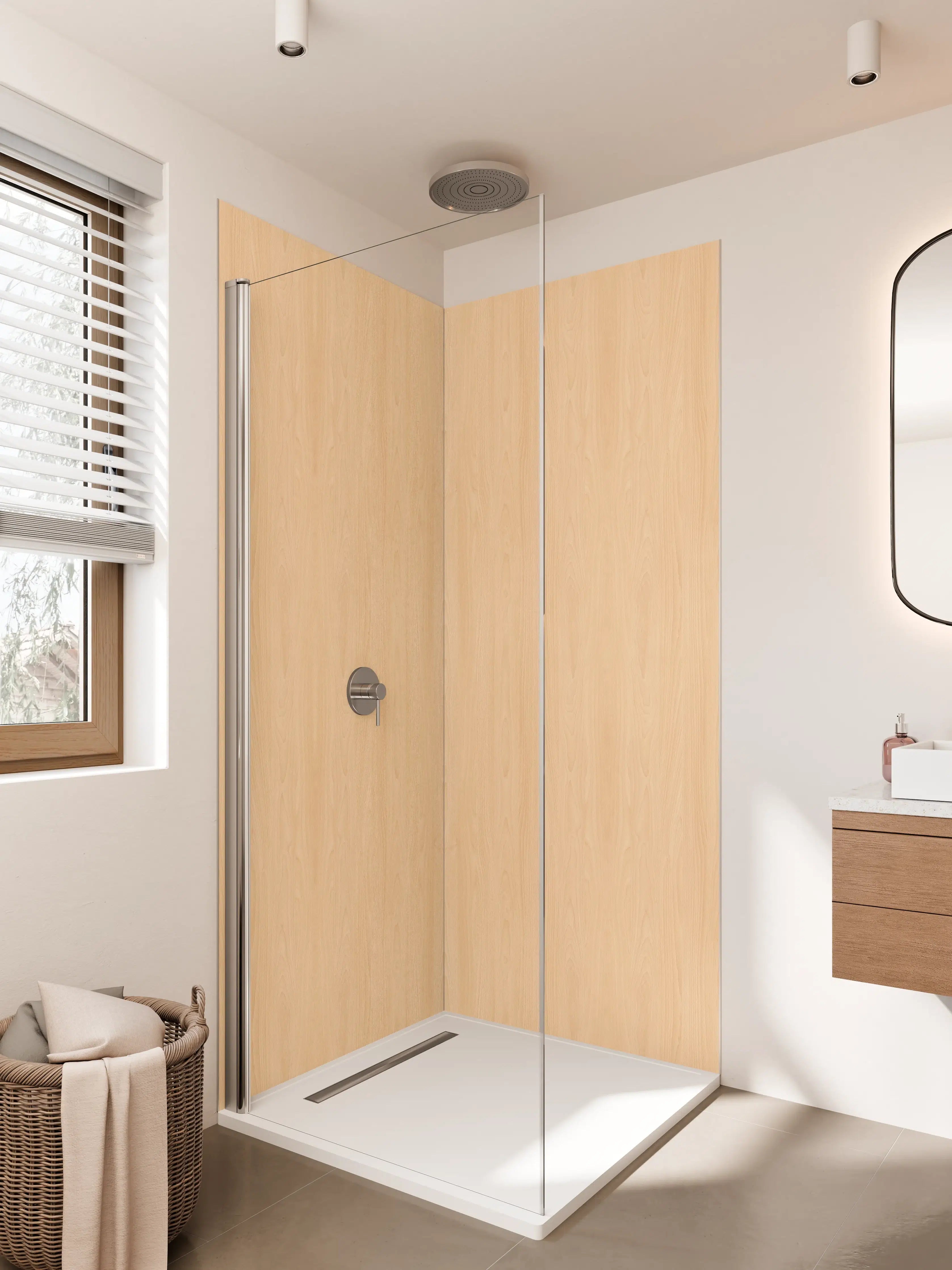 Duschrückwand - Helle Holzoptik in warmem Ton