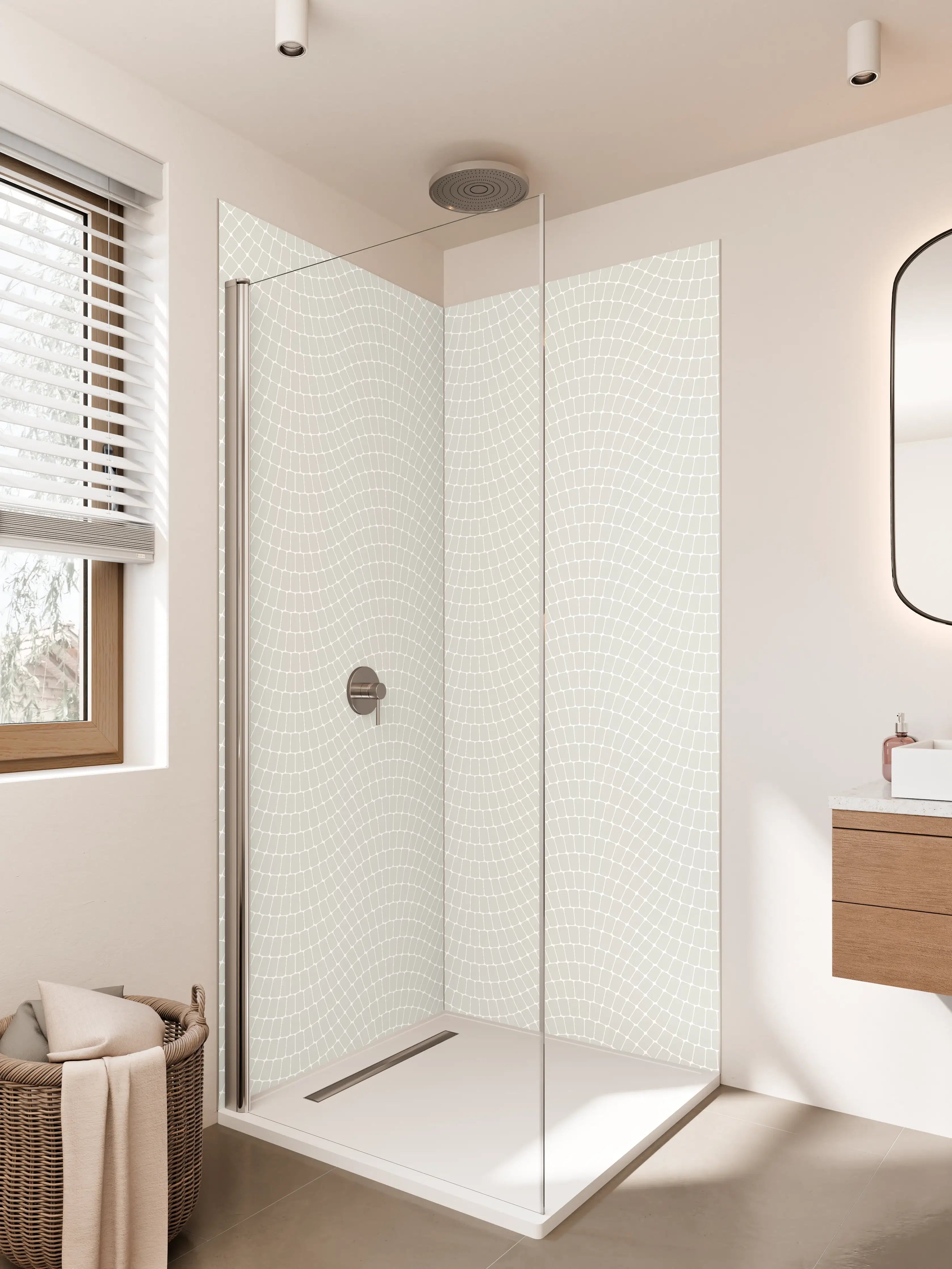 Duschrückwand - Helle geometrische Fliesen mit feinen Linien