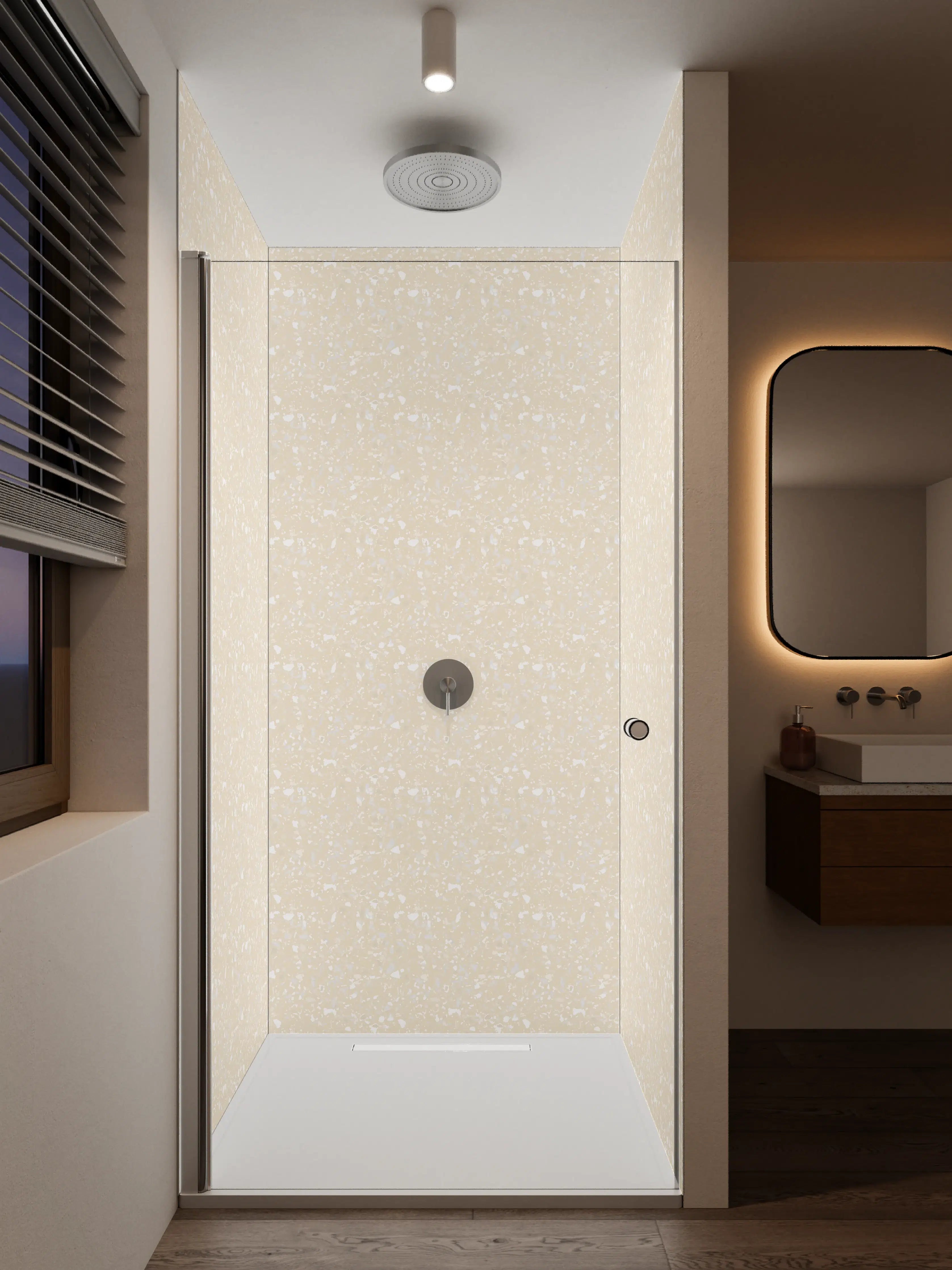Duschrückwand - Helle, beige strukturierte Wand mit feinem Glitzer-Effekt