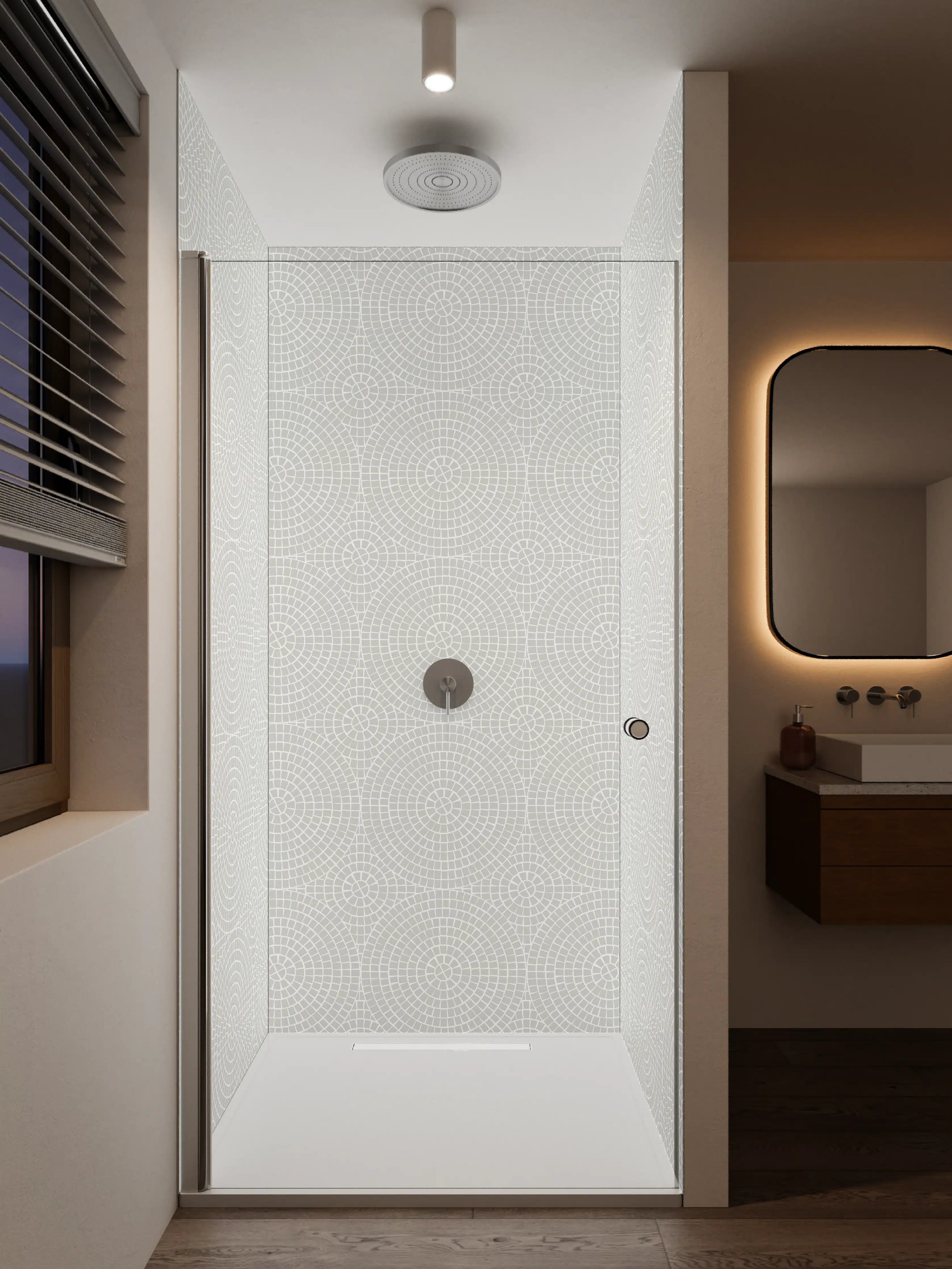 Duschrückwand - Helle, dezente Wand mit geometrischem Muster in Beige