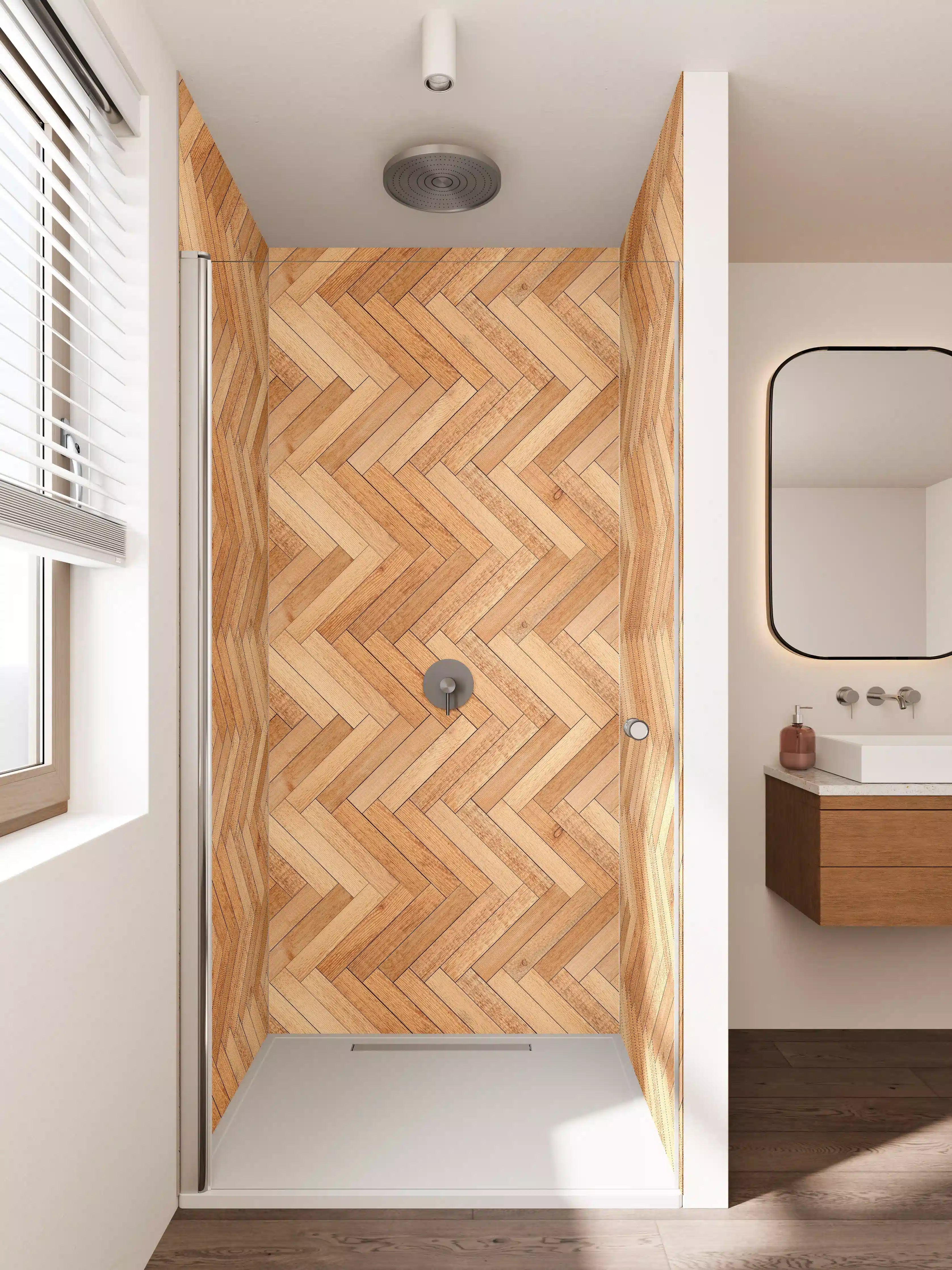 Duschrückwand - Helle, elegante Holzfußboden im Chevron-Muster