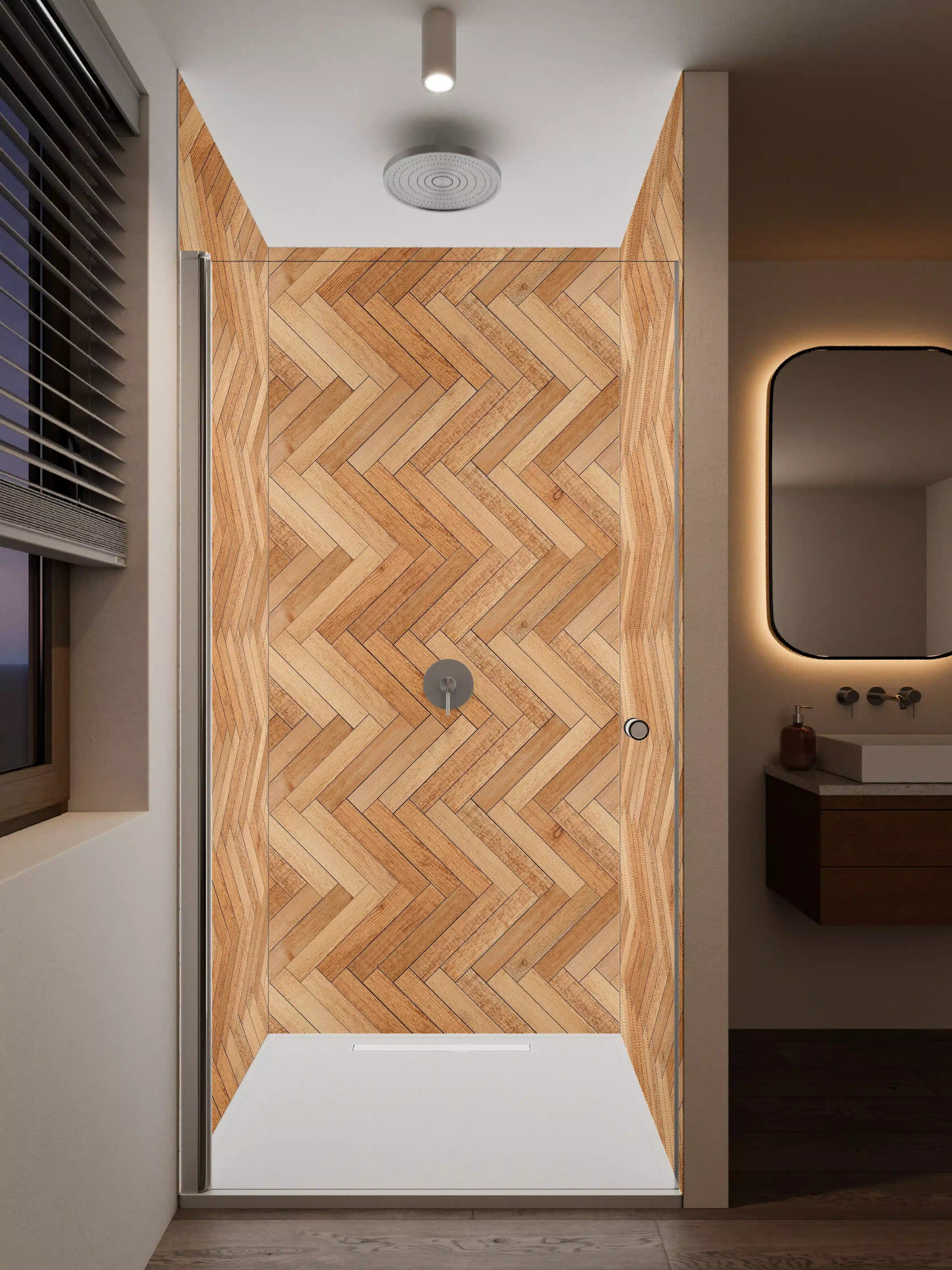 Duschrückwand - Helle, elegante Holzfußboden im Chevron-Muster