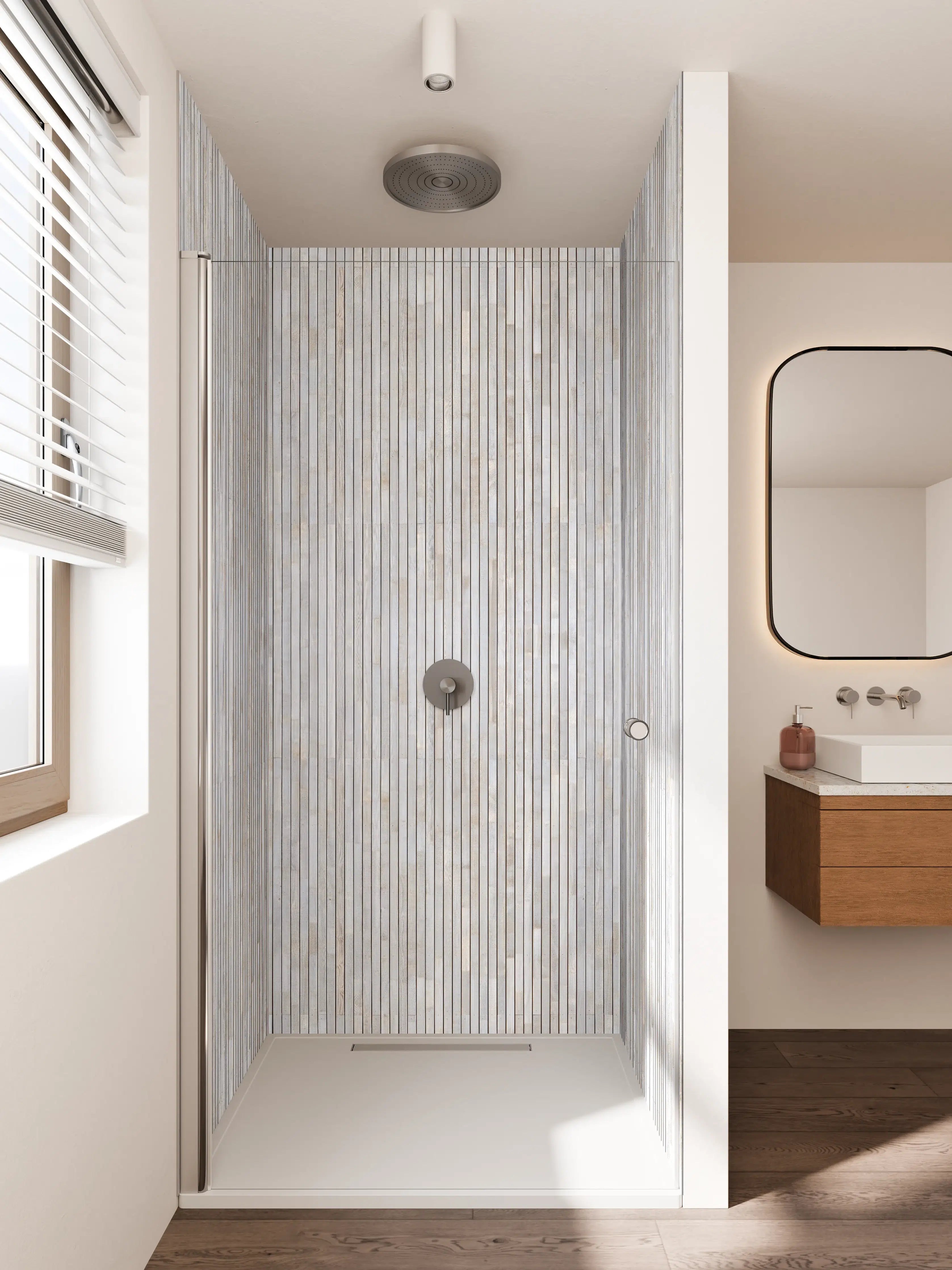 Duschrückwand - Helle, moderne Wand mit feinen Linien