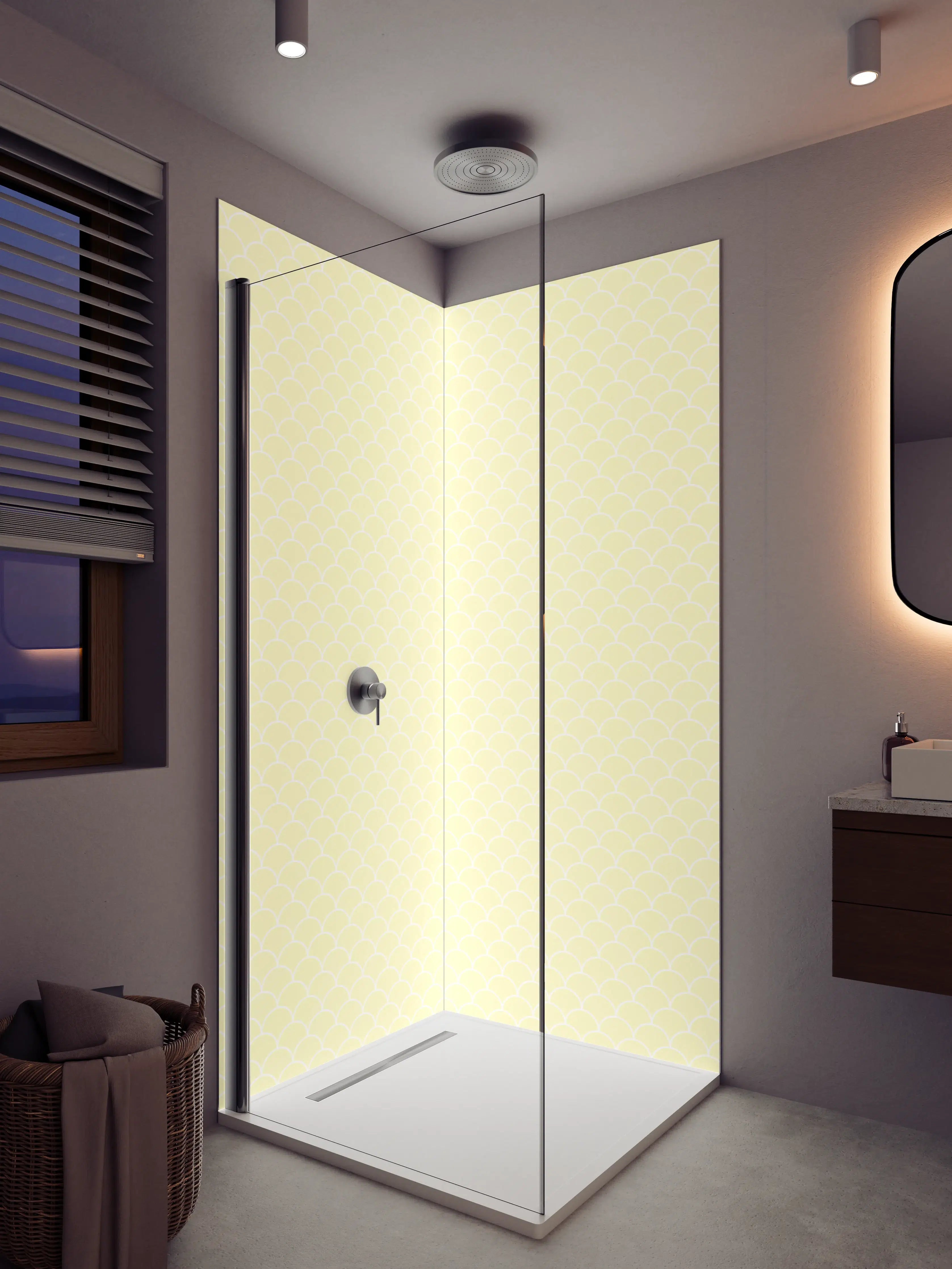 Duschrückwand - Helle, zarte Muster in Pastellgelb