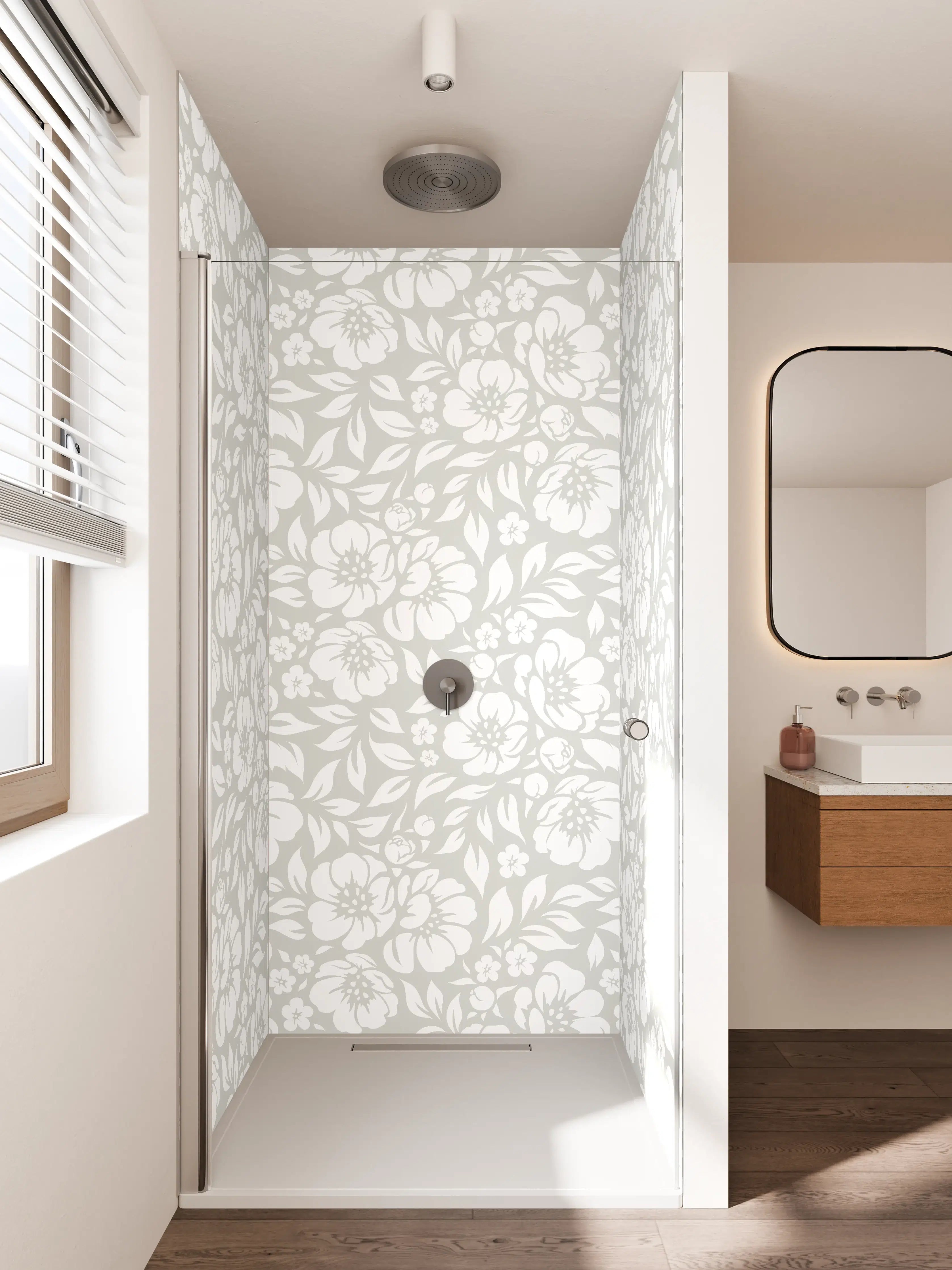 Duschrückwand - Heller floraler Musterdruck in Weiß und Grau
