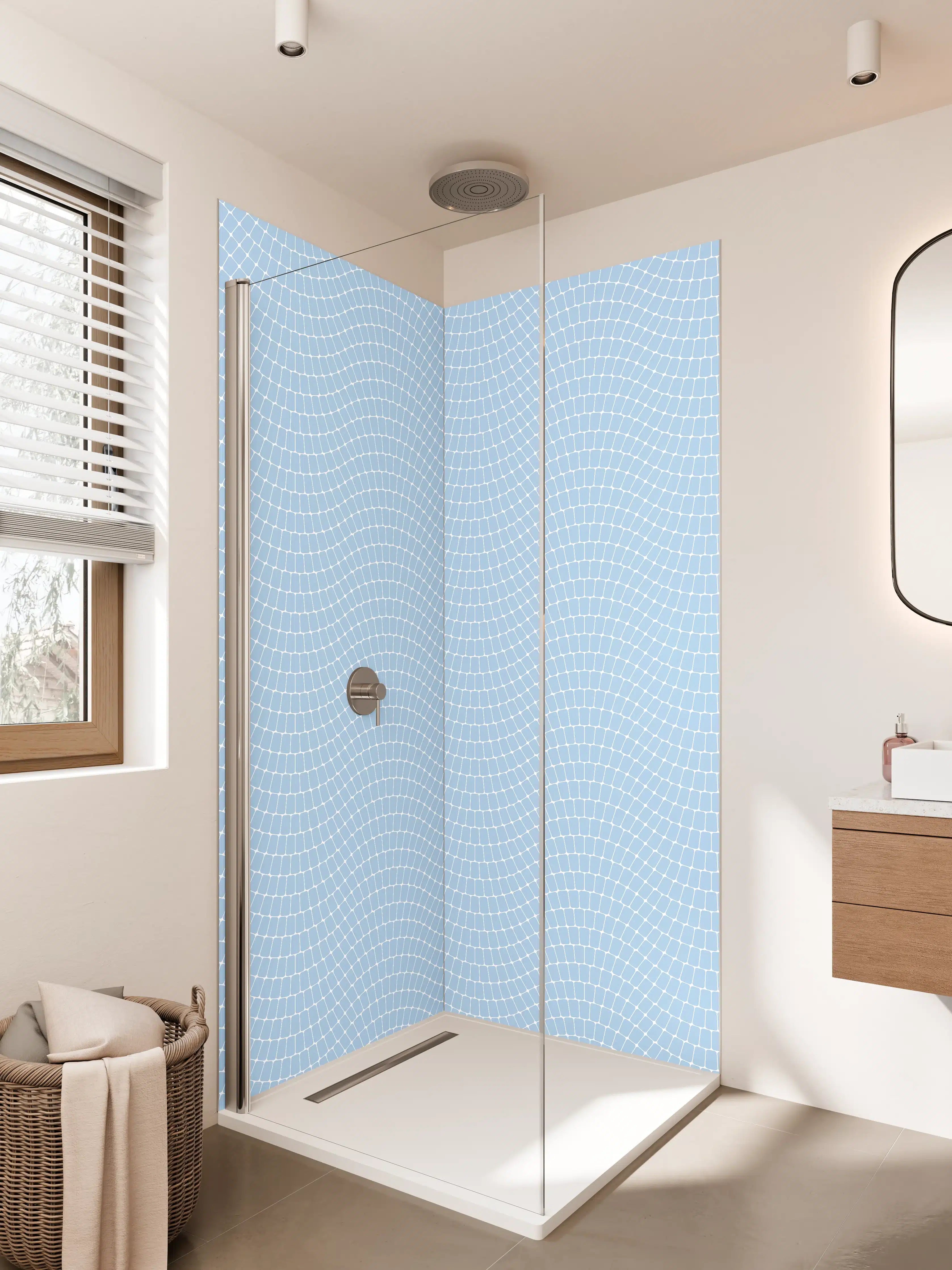 Duschrückwand - Heller, moderner Fliesenbelag mit geometrischem Muster