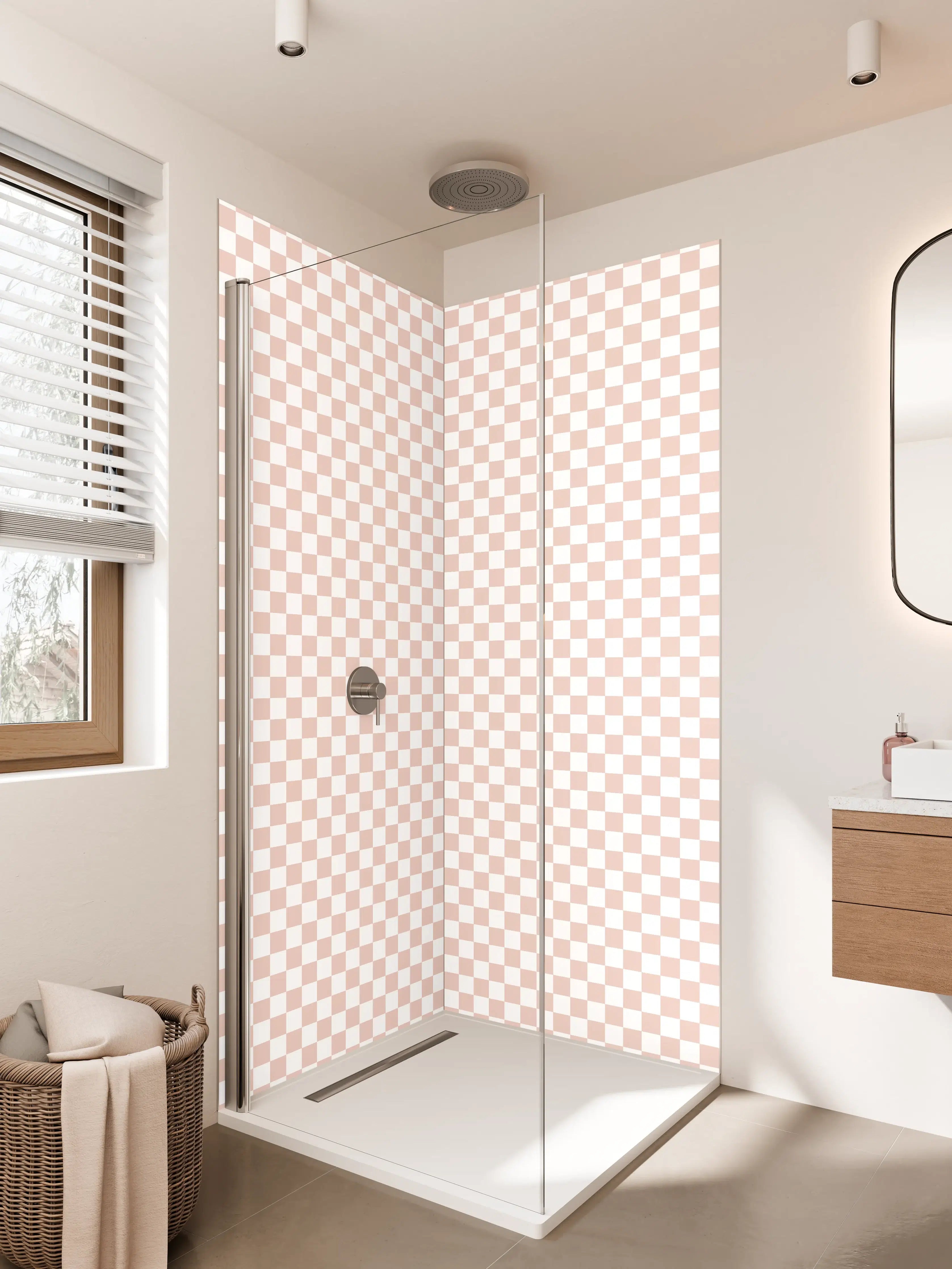 Duschrückwand - Helles Checkmuster mit Beige- und Weißtönen