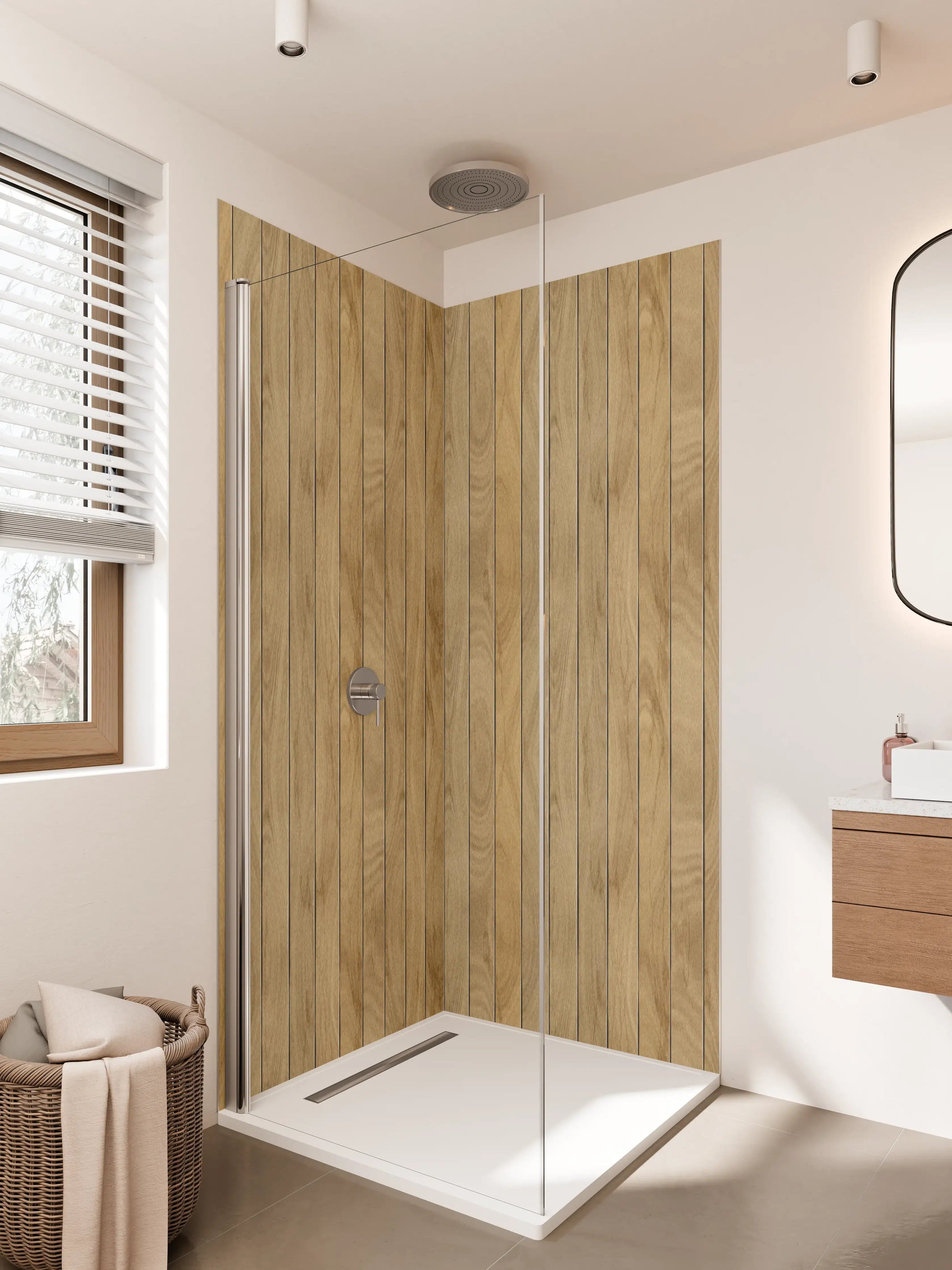 Duschrückwand - Helles Holzdesign mit natürlicher Maserung