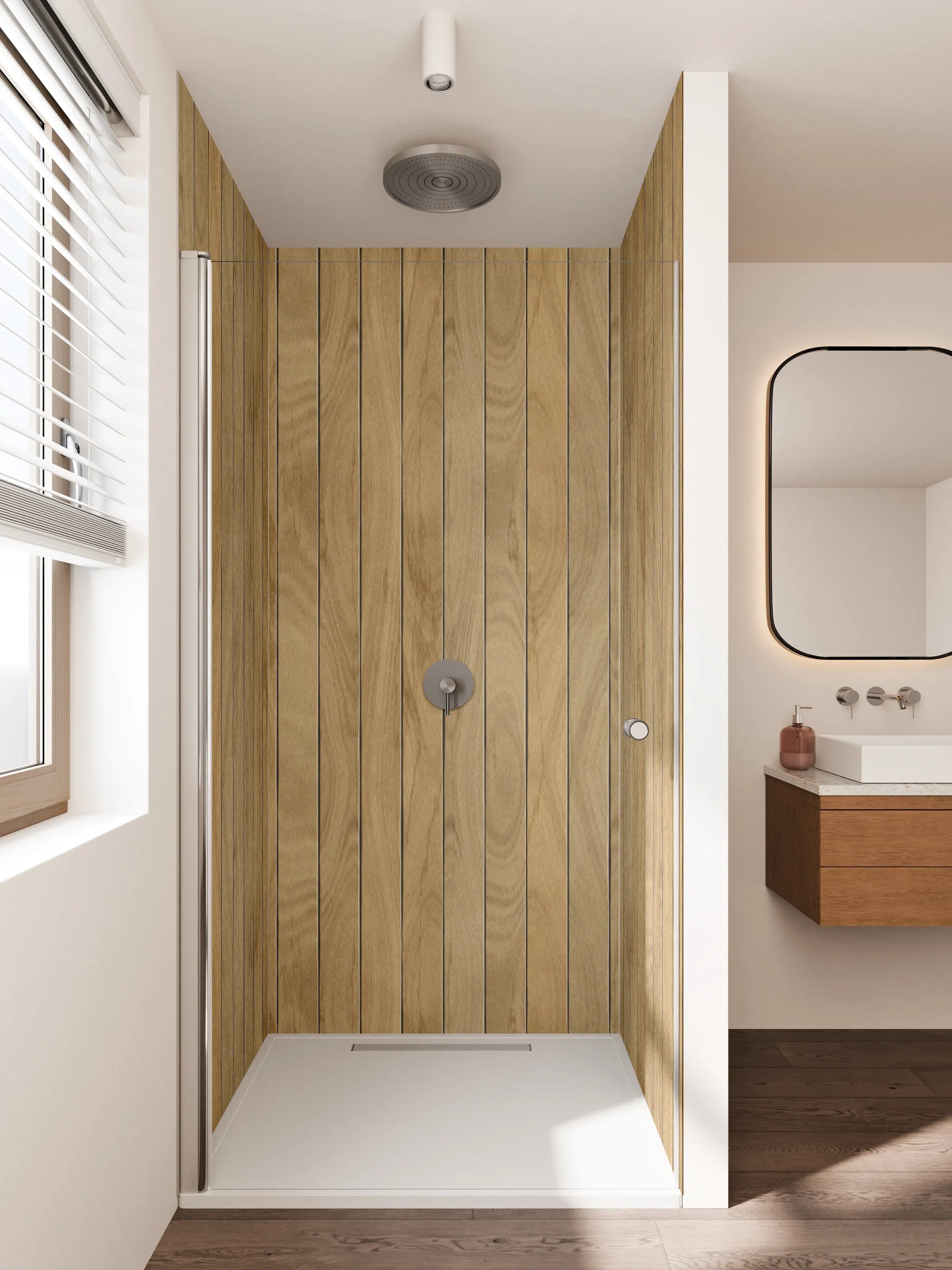 Duschrückwand - Helles Holzdesign mit natürlicher Maserung