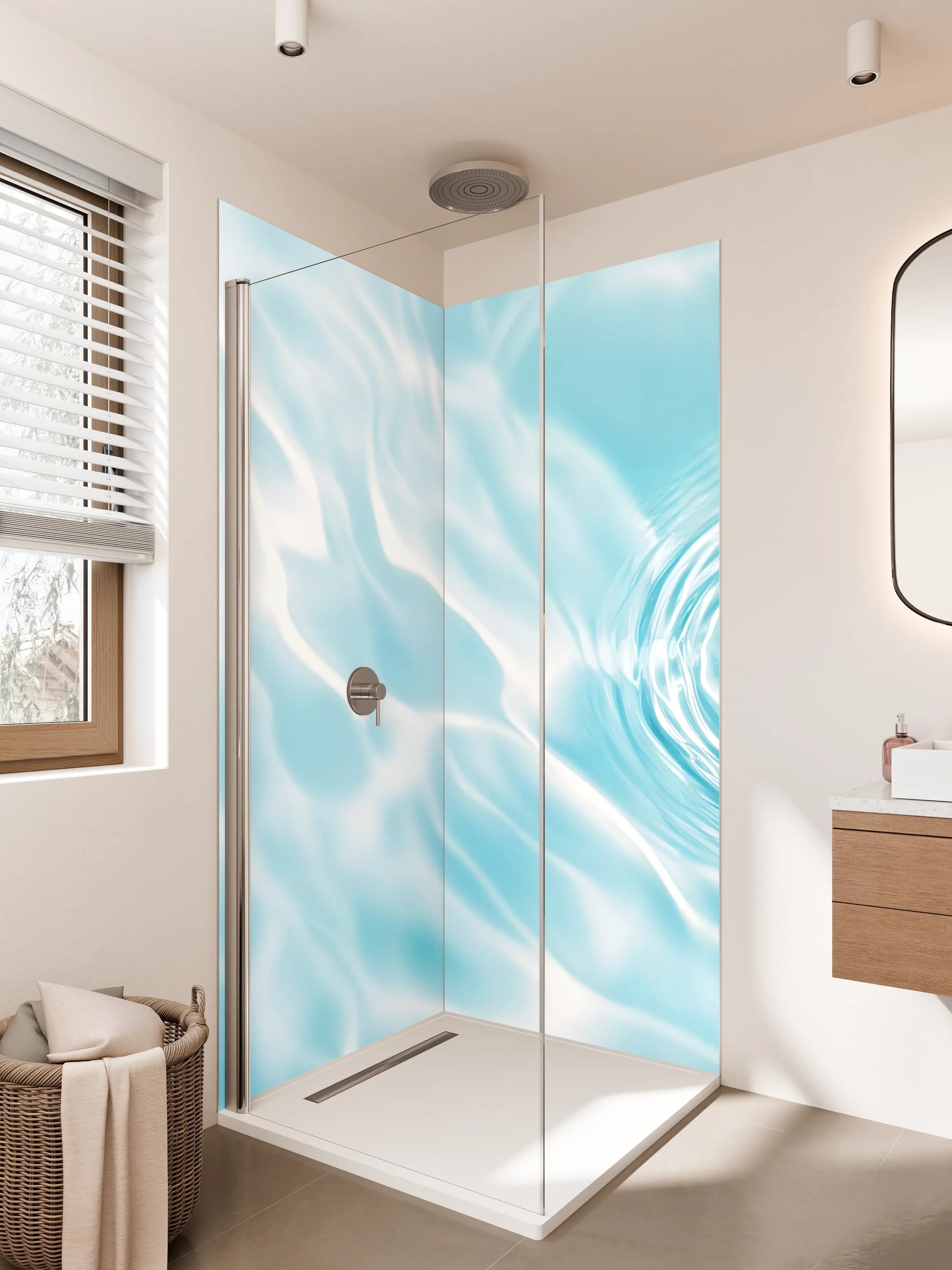 Duschrückwand - Helles Wasser mit sanften Wellen und Reflexionen