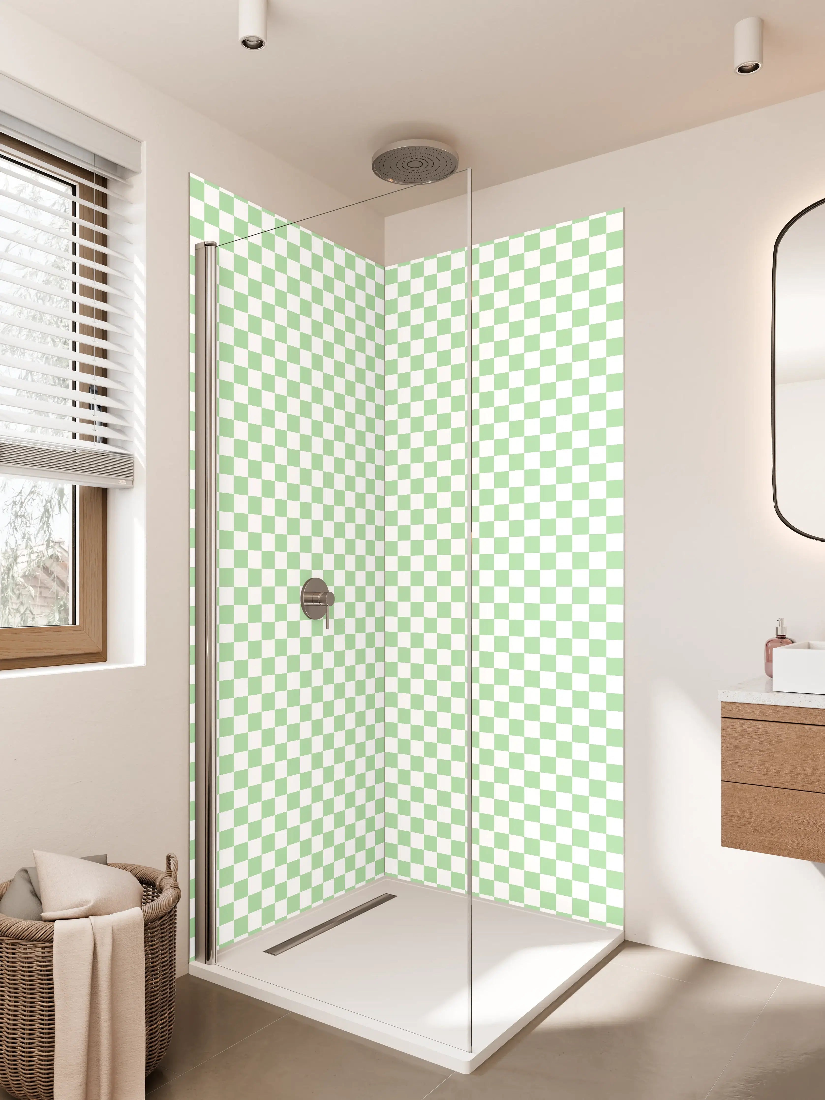 Duschrückwand - Helles, transparentes Karo-Muster in zarten Grün- und Weißtönen