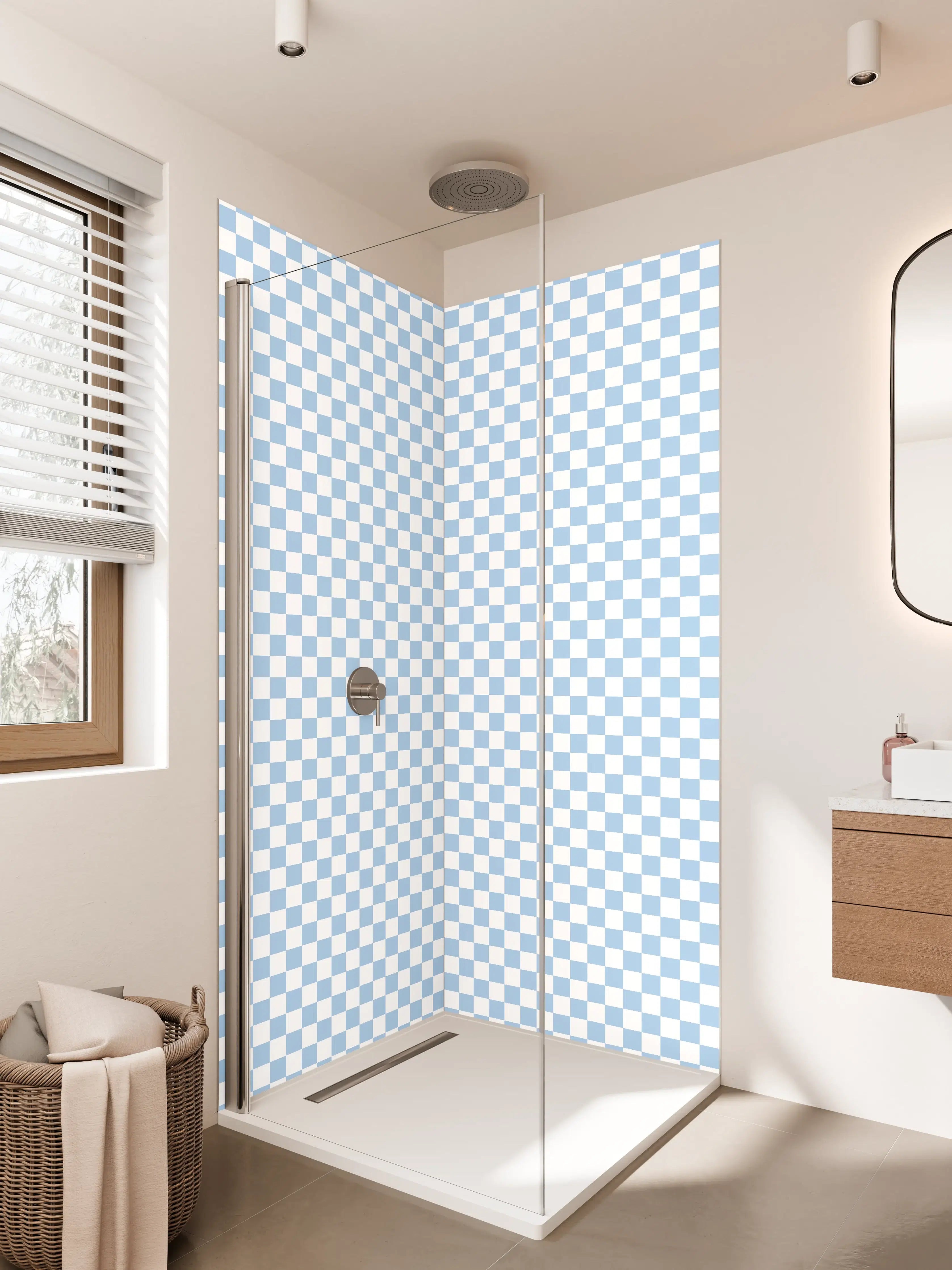 Duschrückwand - Helles, transparentes Karomuster in Blau und Weiß