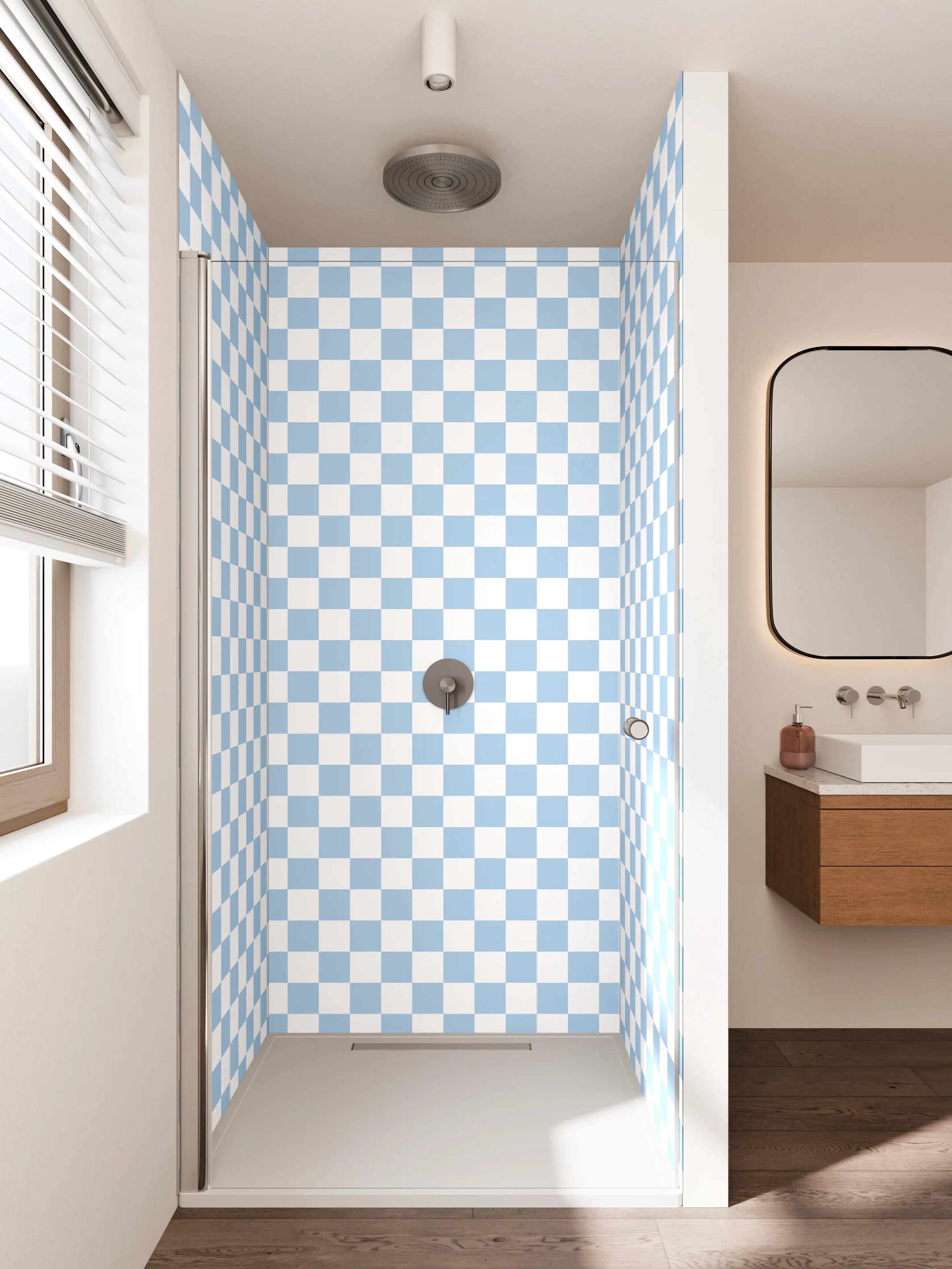 Duschrückwand - Helles, transparentes Karomuster in Blau und Weiß