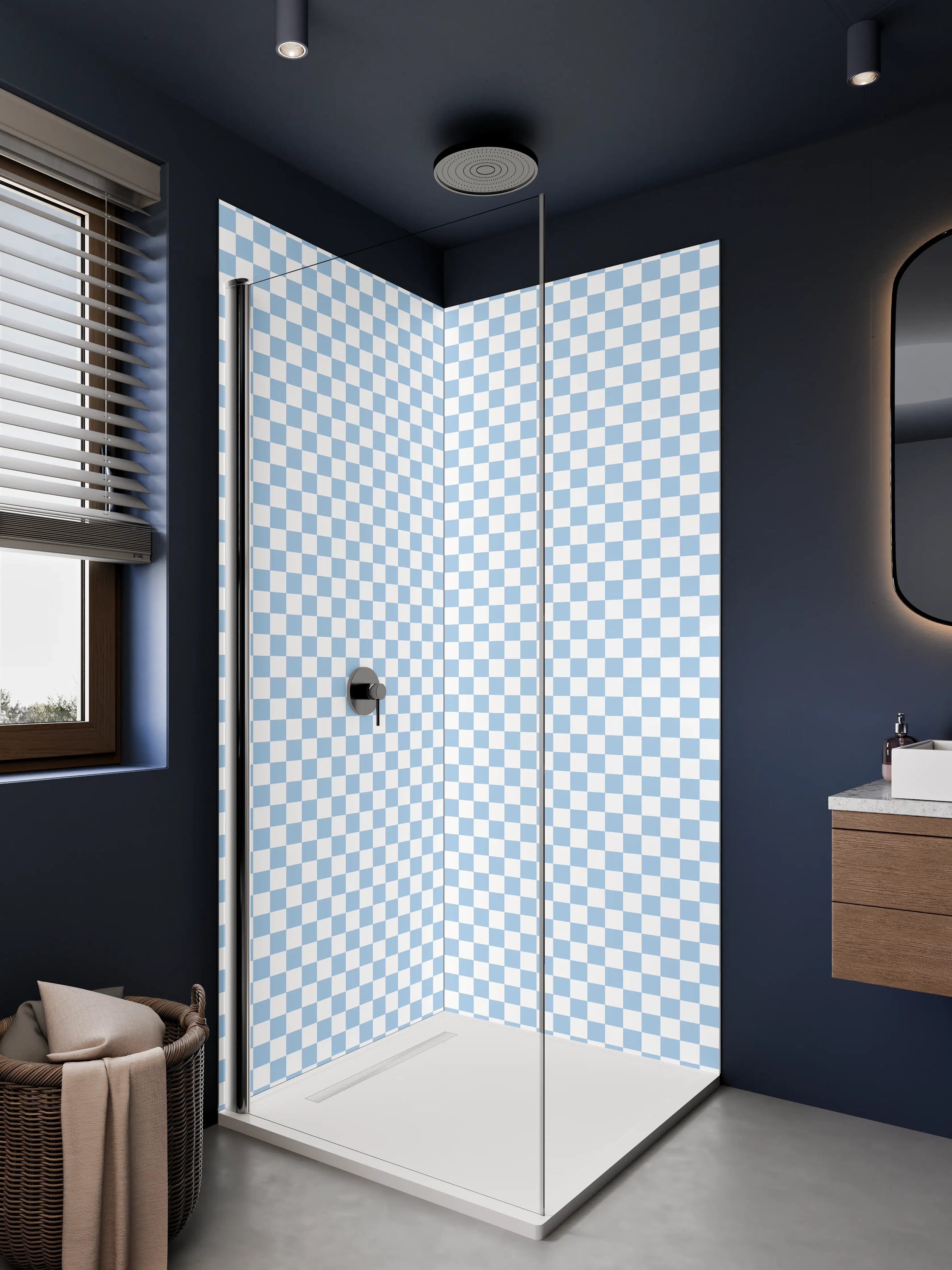 Duschrückwand - Helles, transparentes Karomuster in Blau und Weiß