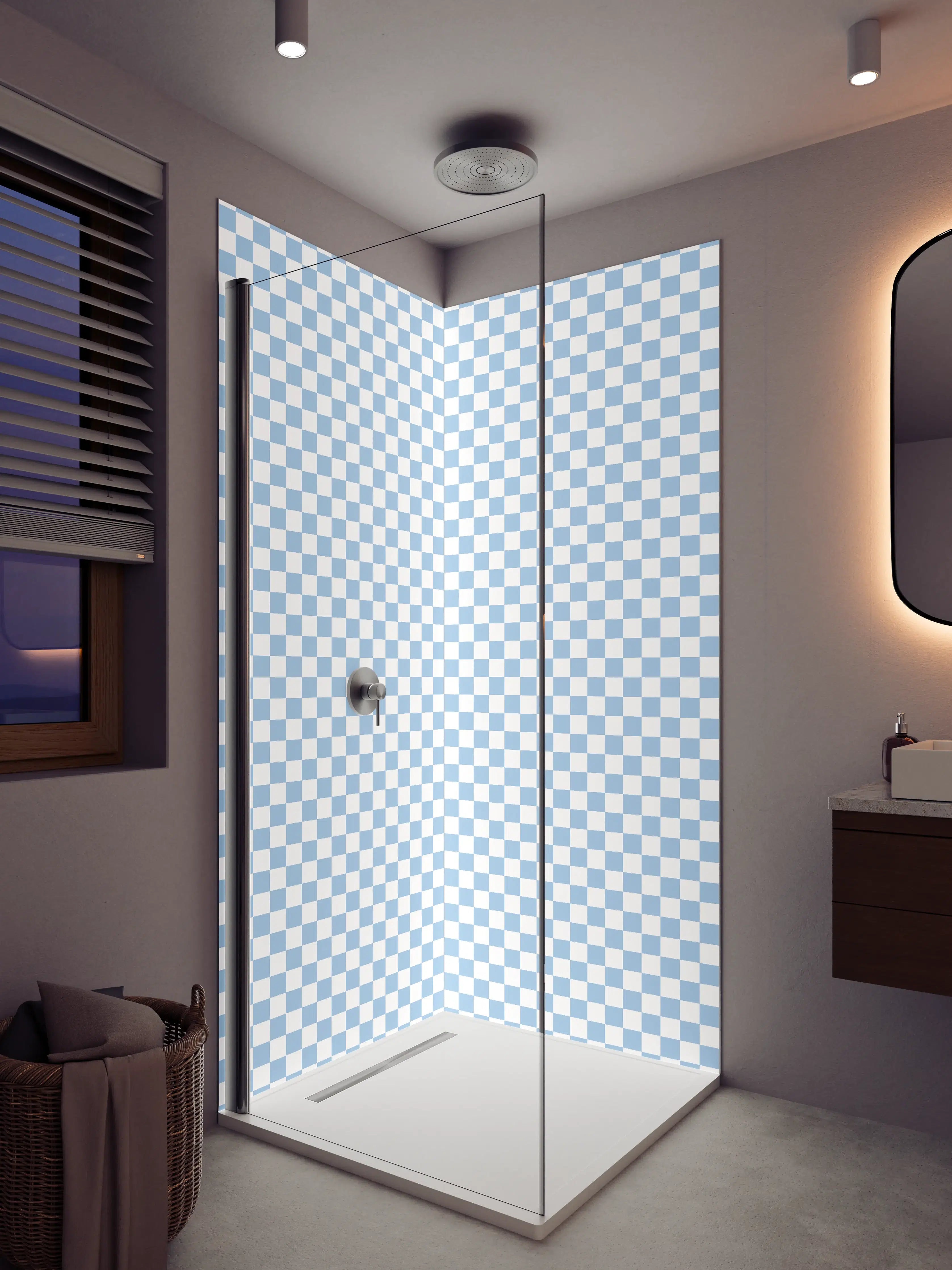 Duschrückwand - Helles, transparentes Karomuster in Blau und Weiß