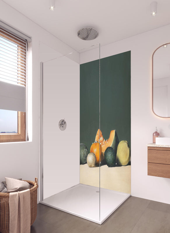 Duschrückwand - Herbstlicher Obst - Gemälde in hellem Badezimmer mit Regenduschkopf  - zweiteilige Eck-Duschrückwand