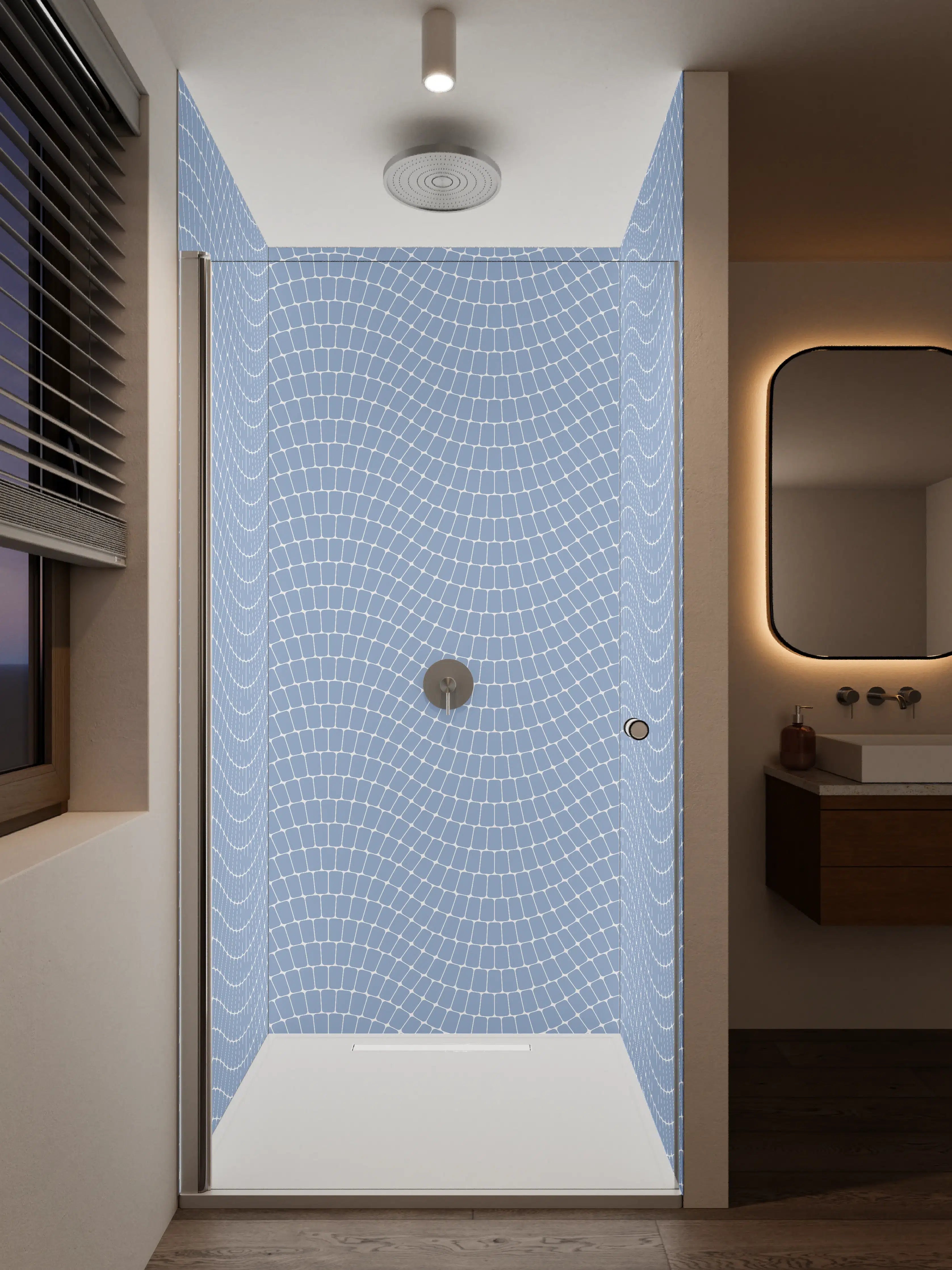 Duschrückwand - Himmelblauer Mosaik-Muster mit feinen weißen Linien