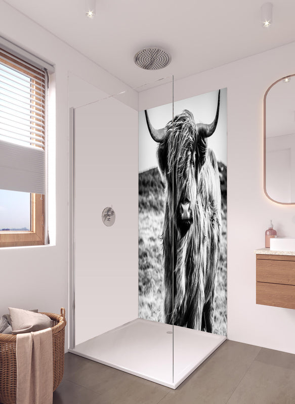 Duschrückwand - Hochlandkuh in Schwarz-weiß in hellem Badezimmer mit Regenduschkopf  - zweiteilige Eck-Duschrückwand