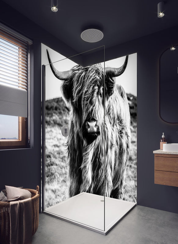 Duschrückwand - Hochlandkuh in Schwarz-weiß in hellem Badezimmer mit Regenduschkopf  - zweiteilige Eck-Duschrückwand