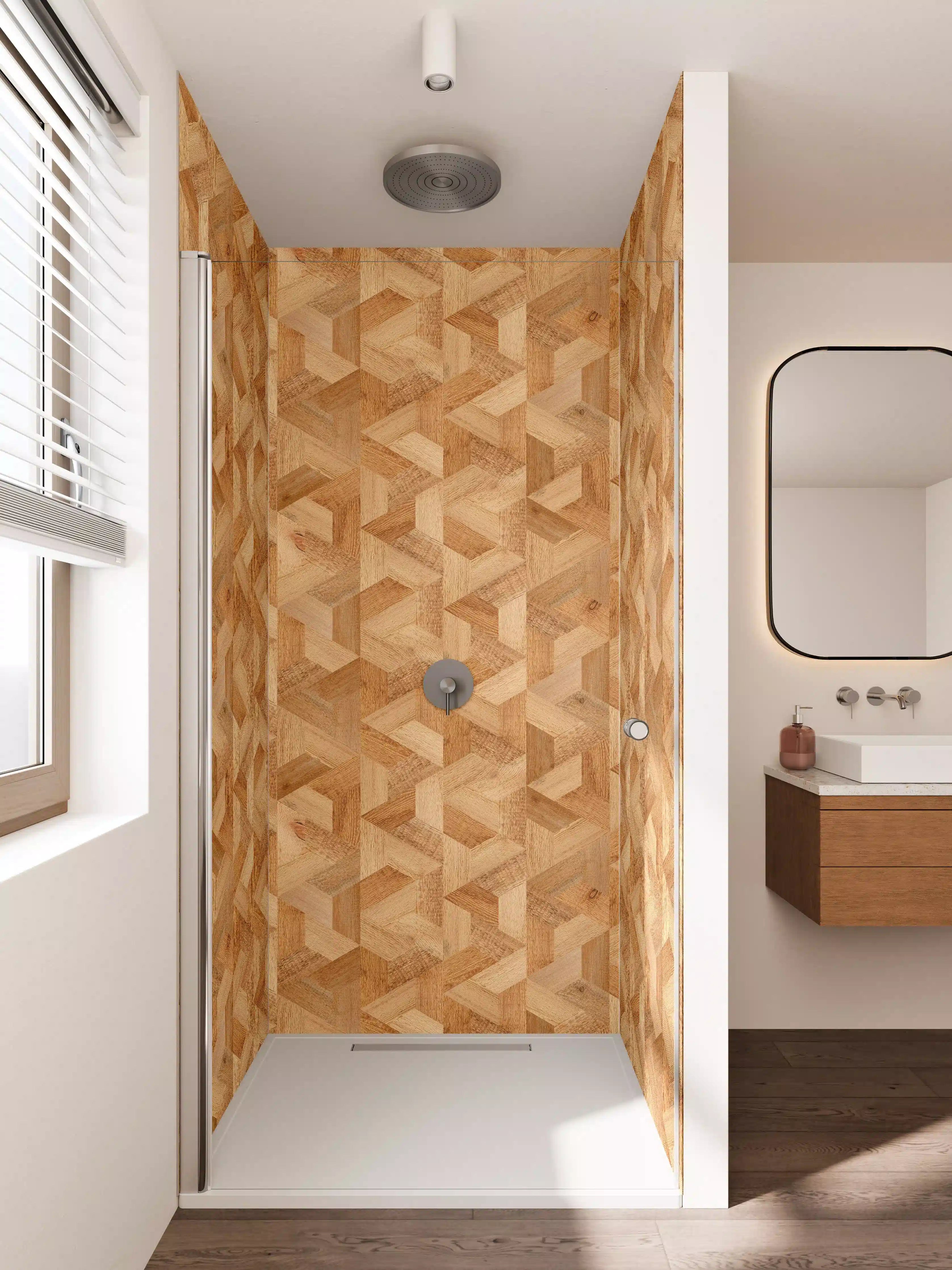 Duschrückwand - Hochwertige Hölzerne Wandverkleidung mit geometrischem Muster