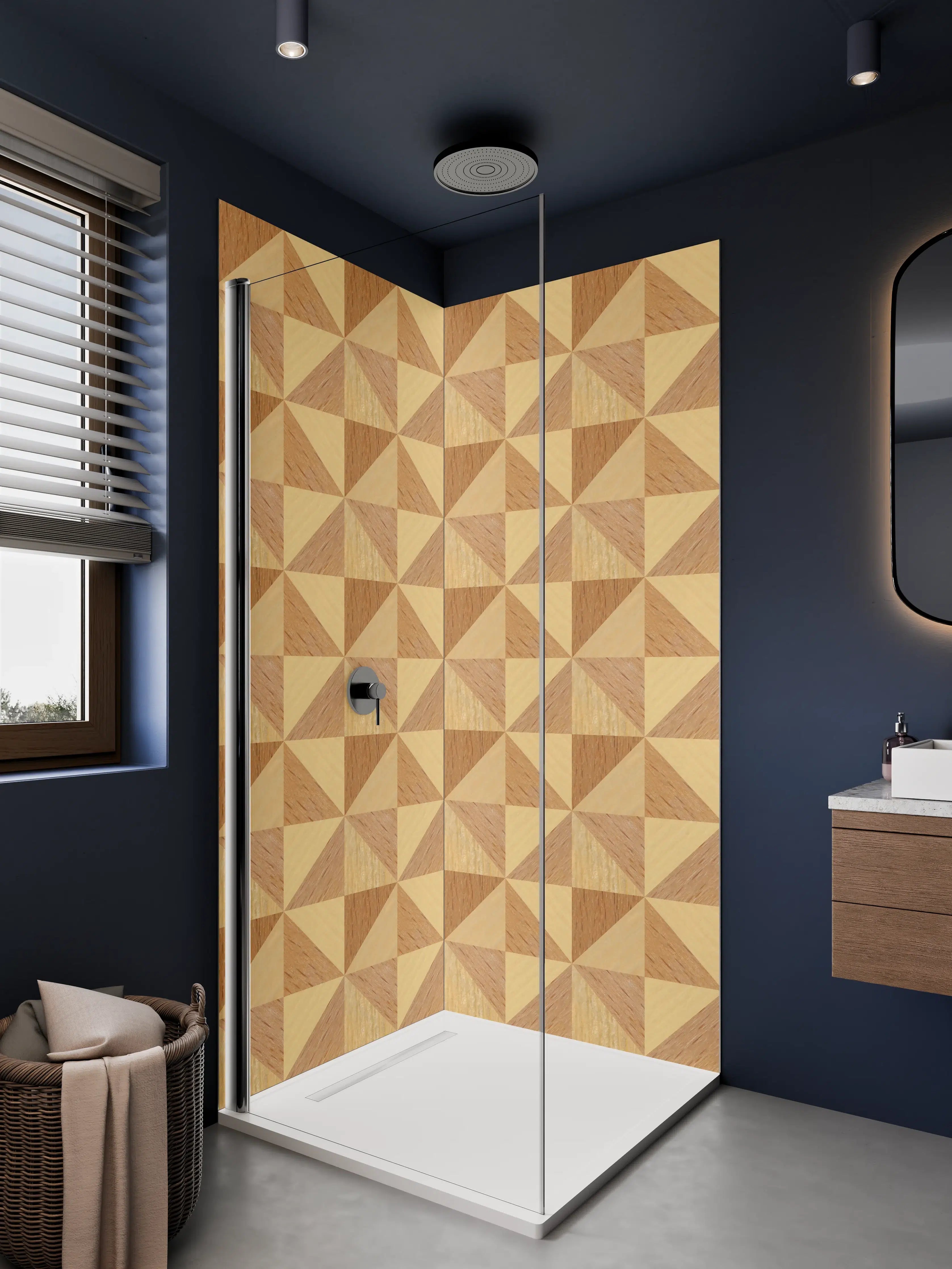 Duschrückwand - Hochwertige Holzmuster mit geometrischem Design