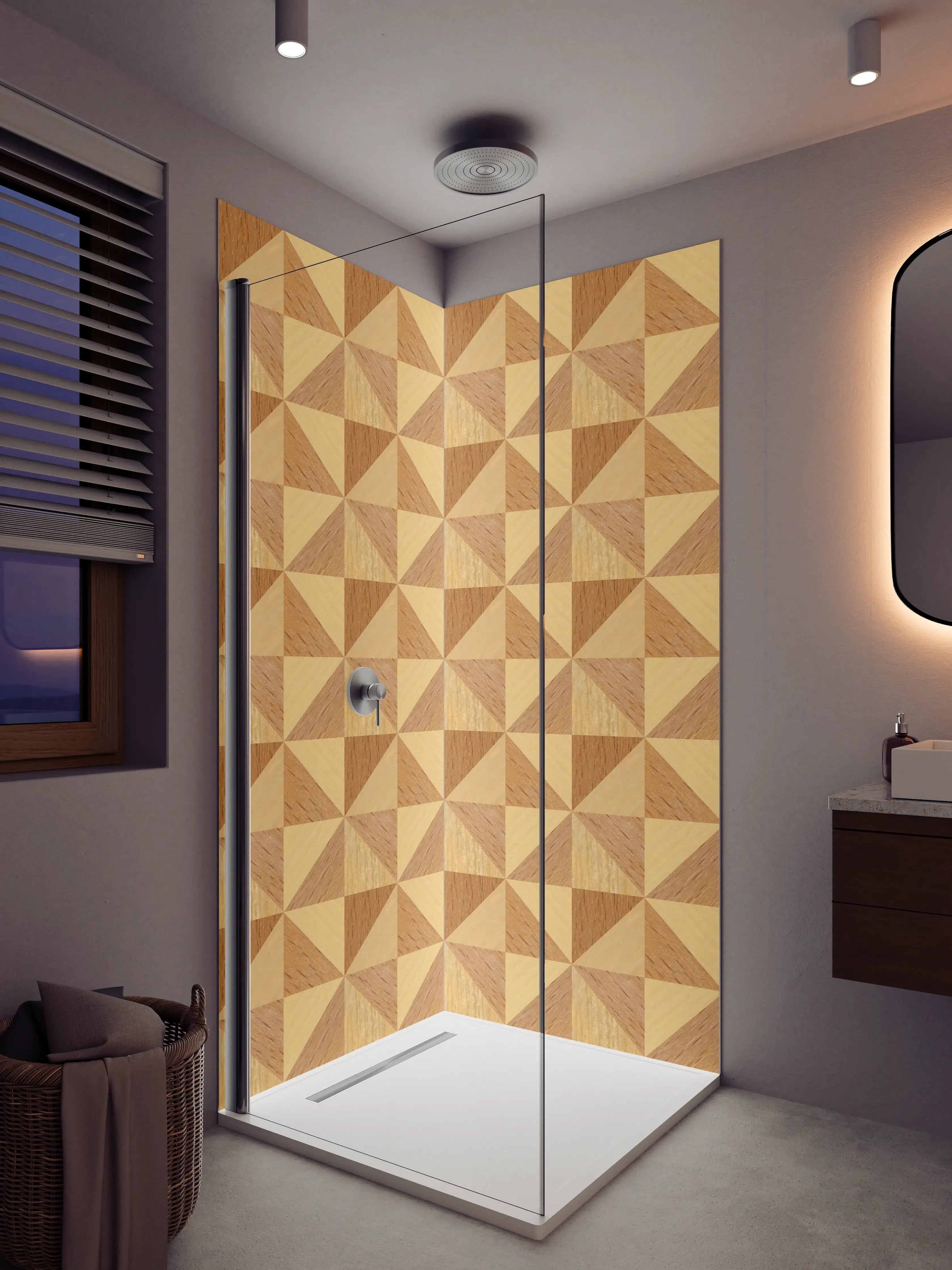 Duschrückwand - Hochwertige Holzmuster mit geometrischem Design