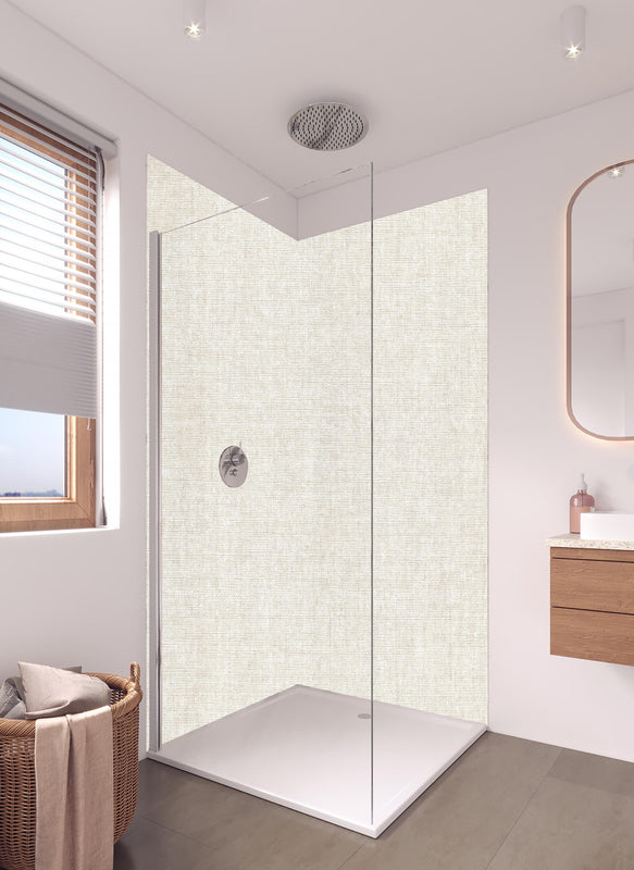 Duschrückwand - Hochwertige grau-beige Stofftextur für Design in hellem Badezimmer mit Regenduschkopf  - zweiteilige Eck-Duschrückwand