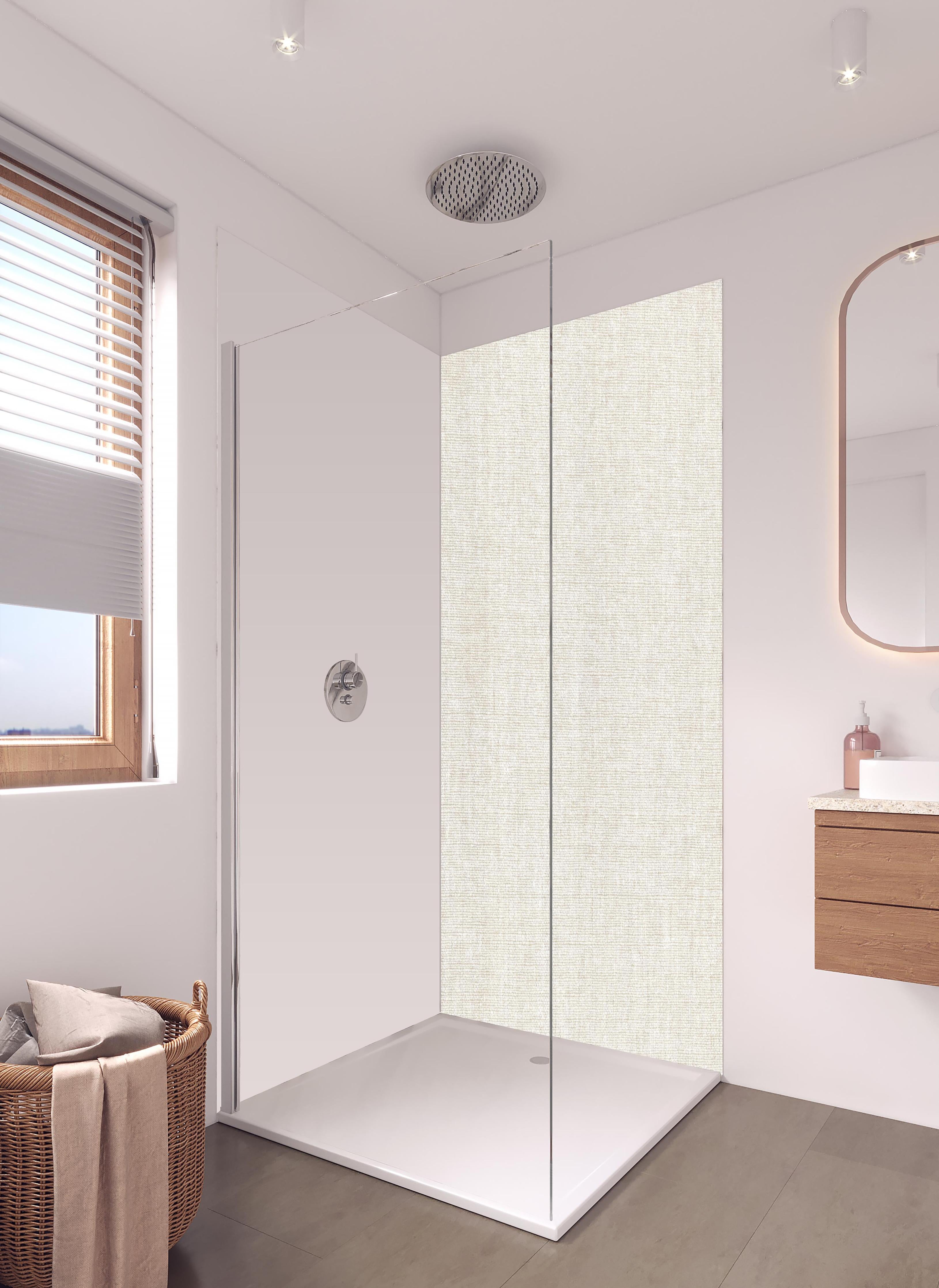 Duschrückwand - Hochwertige grau-beige Stofftextur für Design in hellem Badezimmer mit Regenduschkopf  - zweiteilige Eck-Duschrückwand