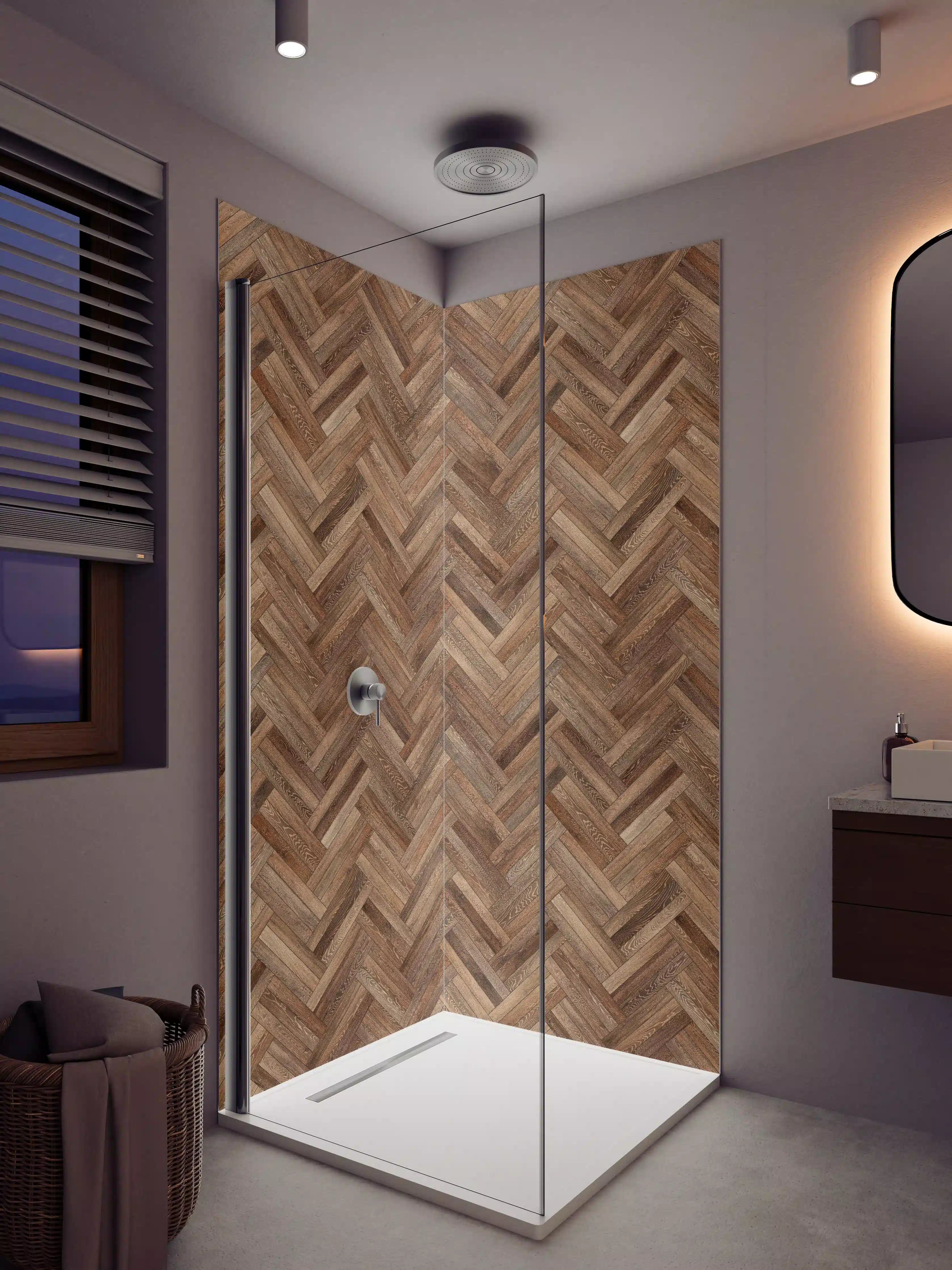Duschrückwand - Hochwertiges Hartholz-Design in warmen Brauntönen