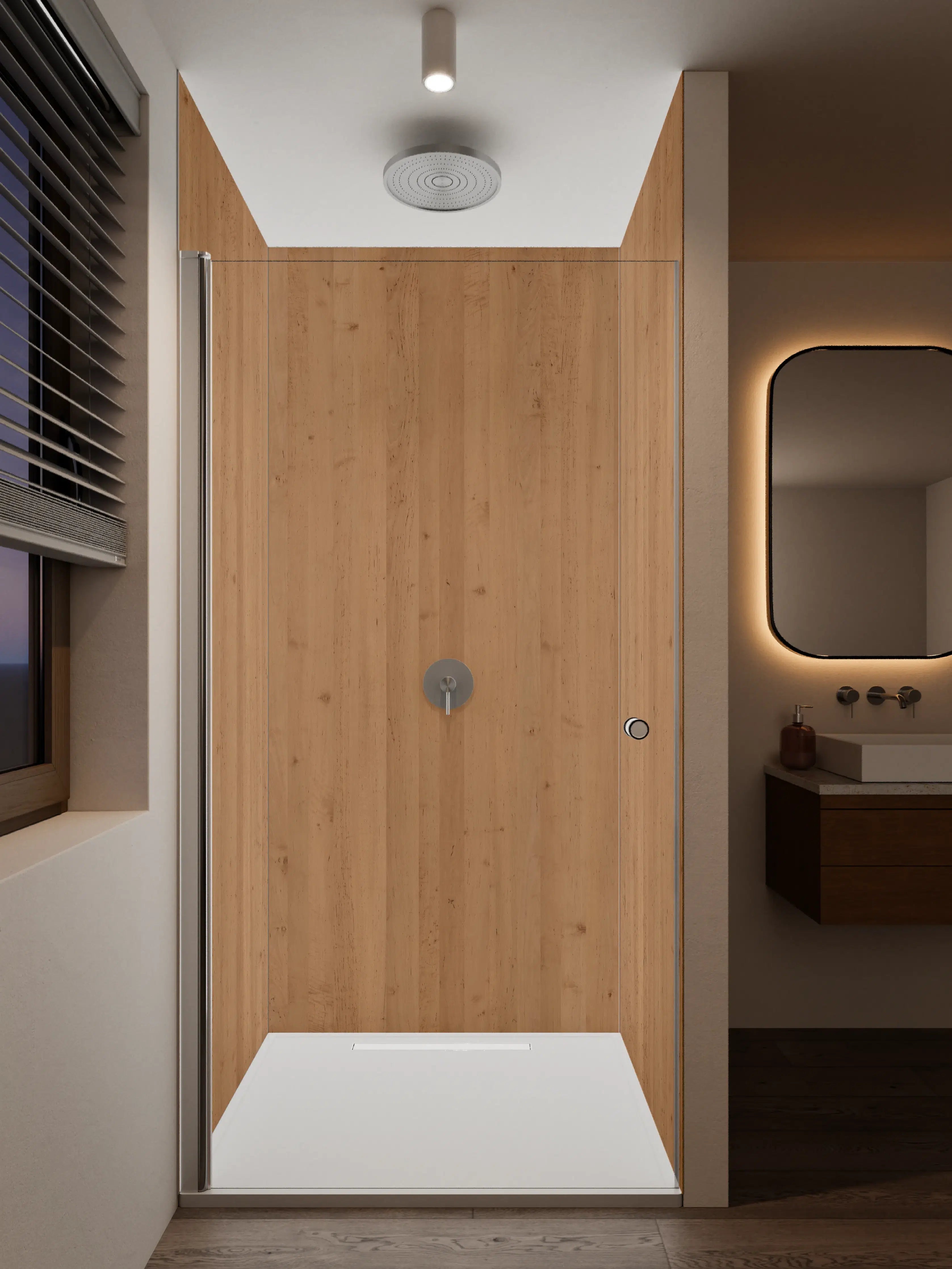 Duschrückwand - Hölzerne Wand mit warmer Holzoptik