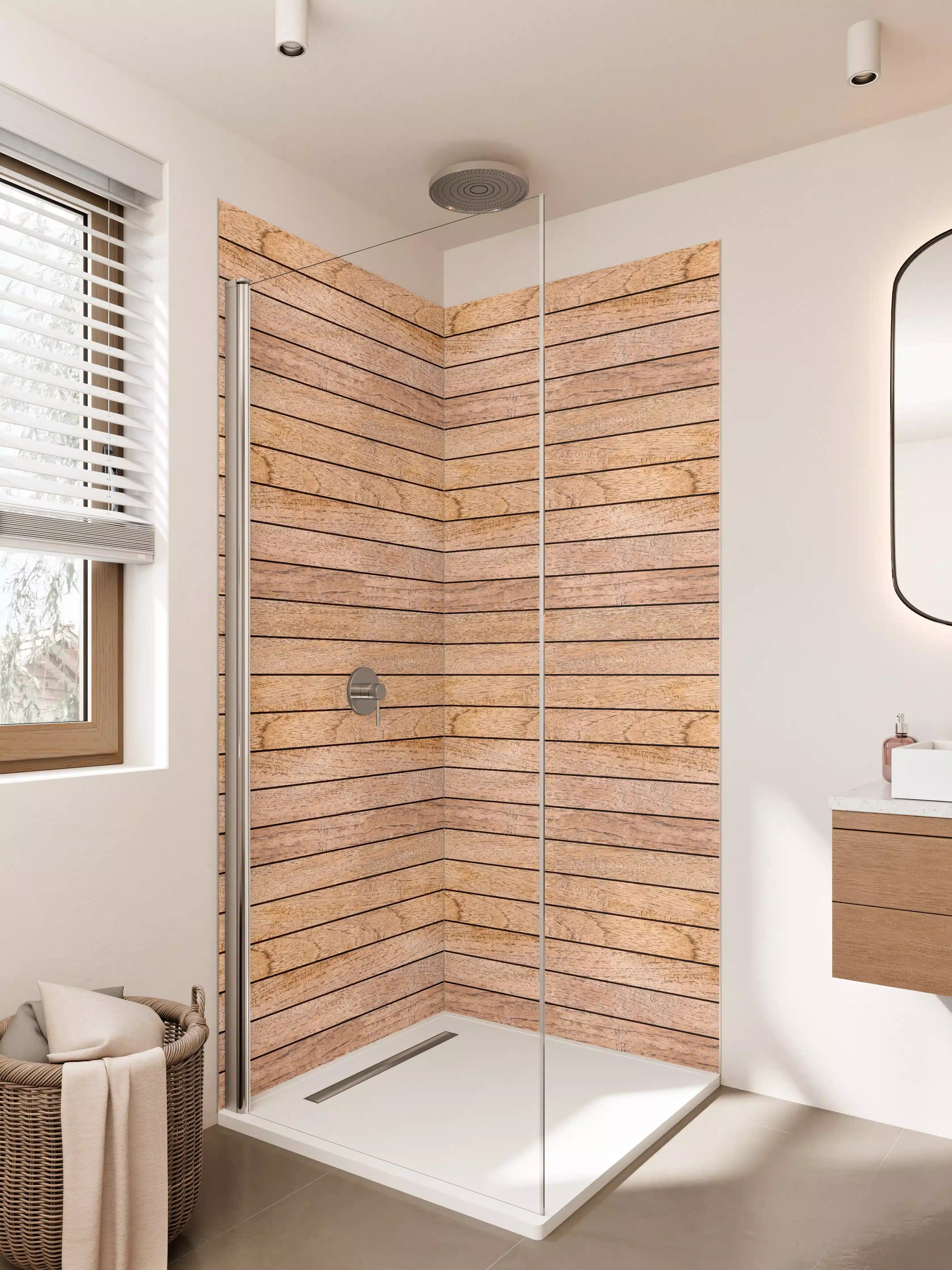 Duschrückwand - Holzideale Oberfläche in warmen Tönen