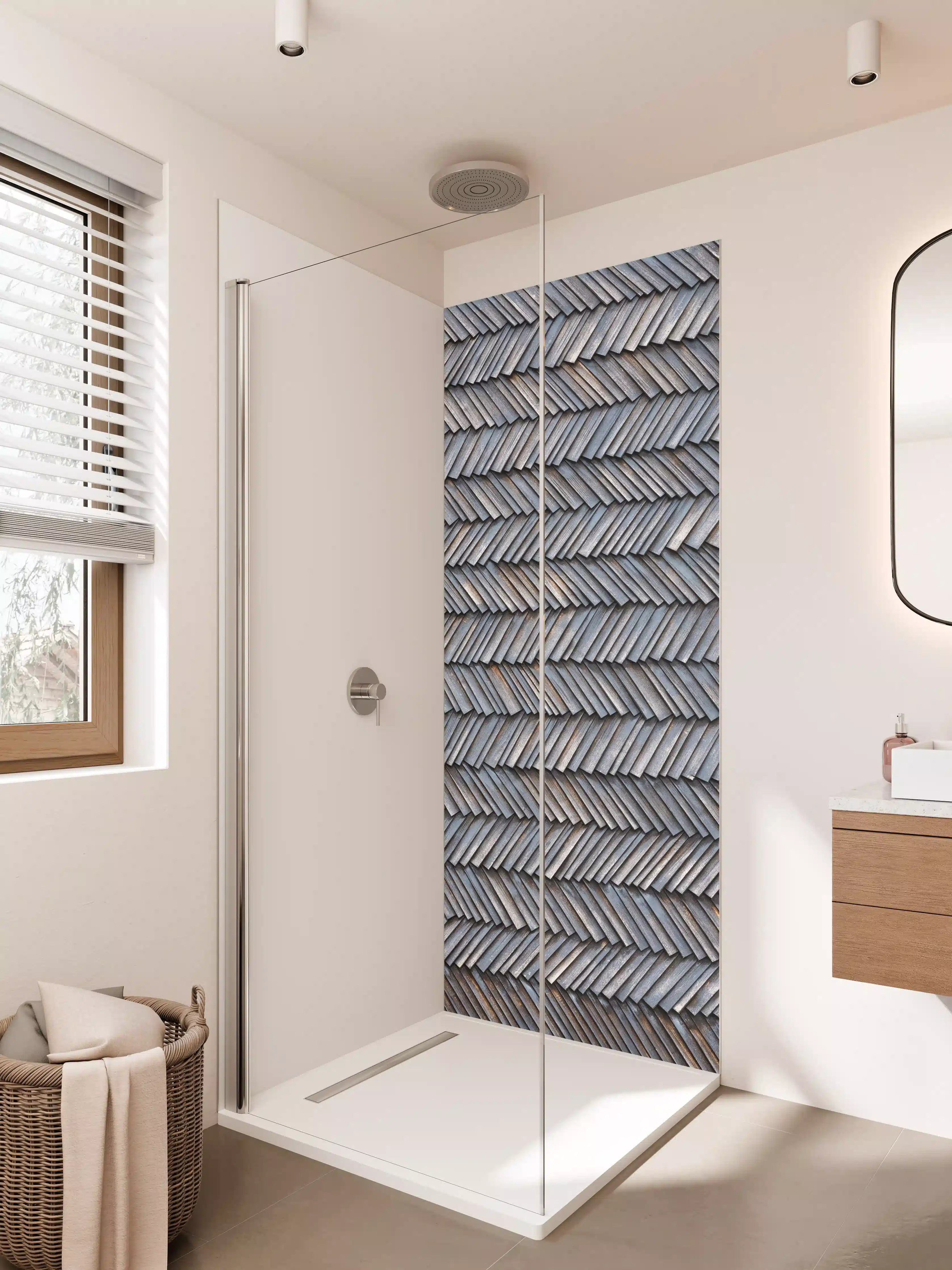 Duschrückwand - Holzschindeln mit warmem Braunton und natürlicher Textur