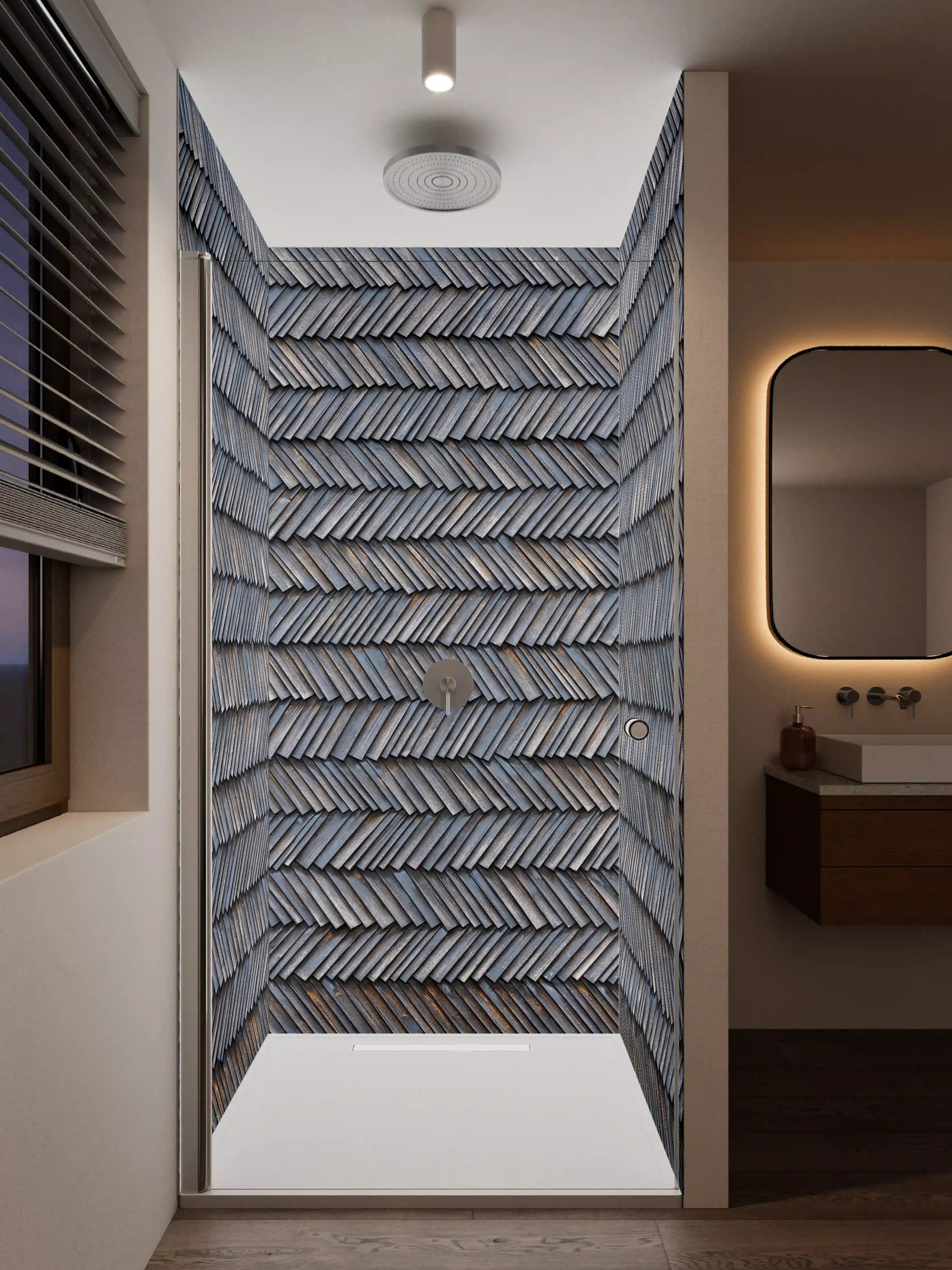 Duschrückwand - Holzschindeln mit warmem Braunton und natürlicher Textur