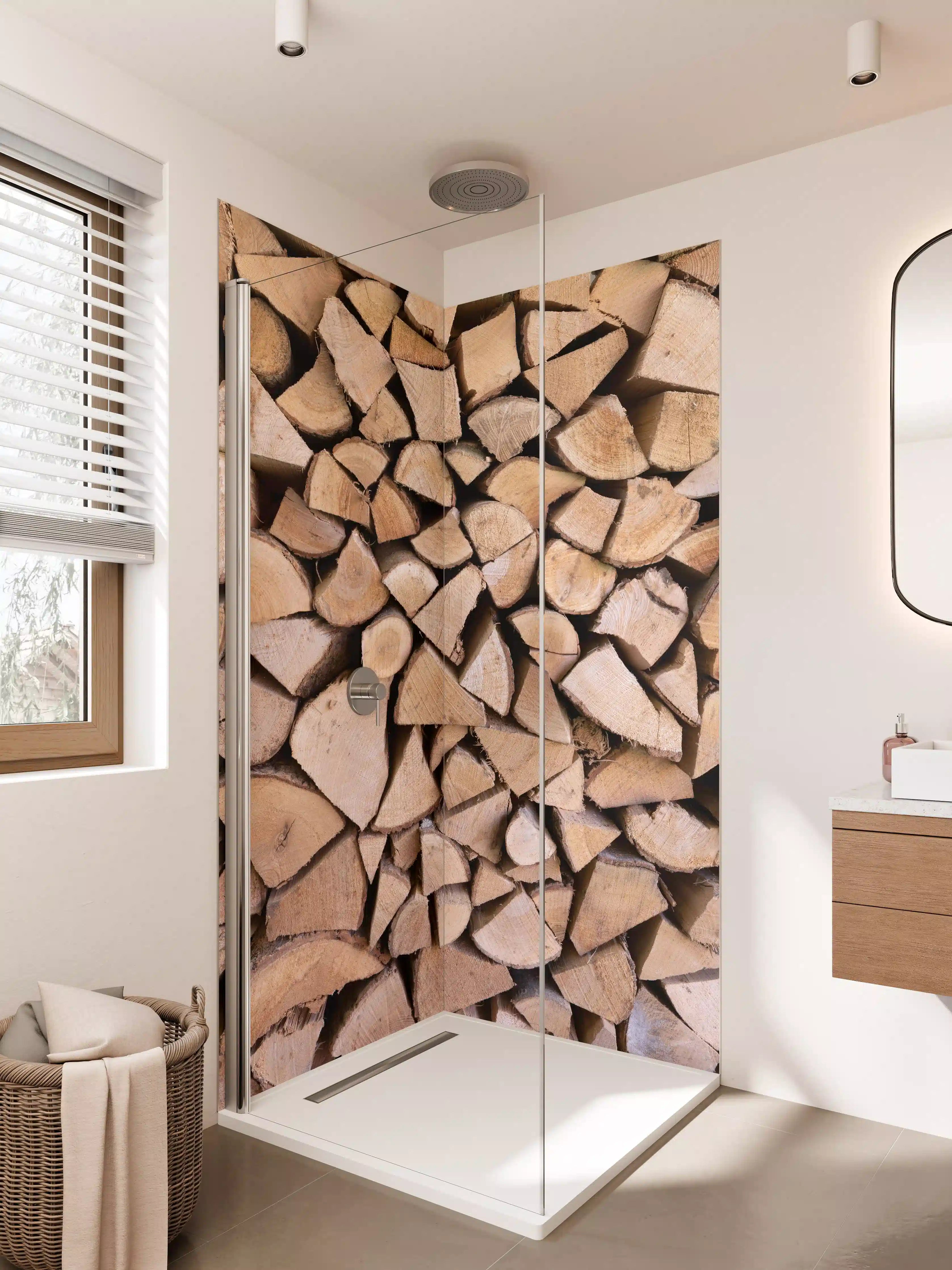 Duschrückwand - Holzstapel in Naturtönen