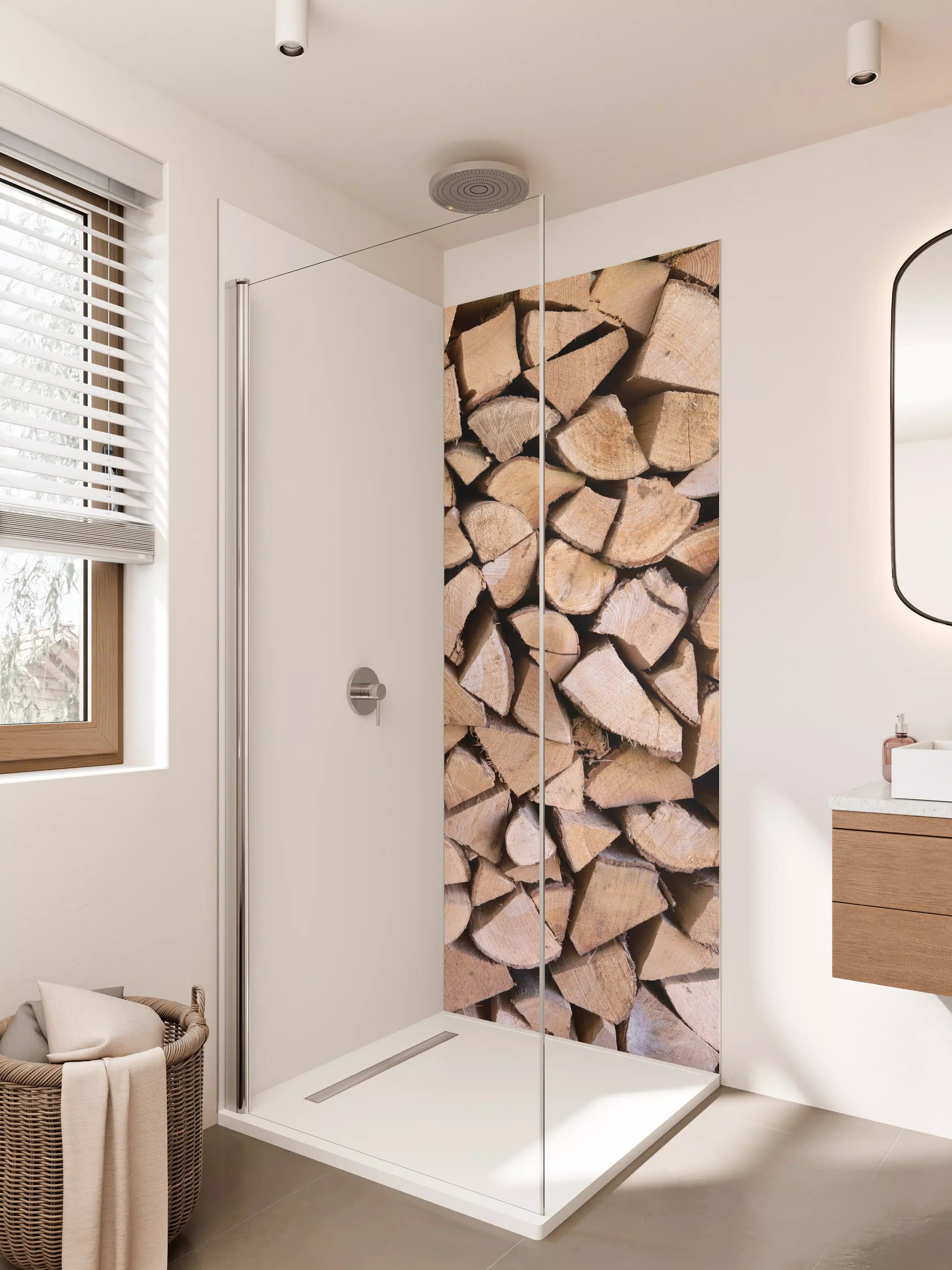 Duschrückwand - Holzstapel in Naturtönen