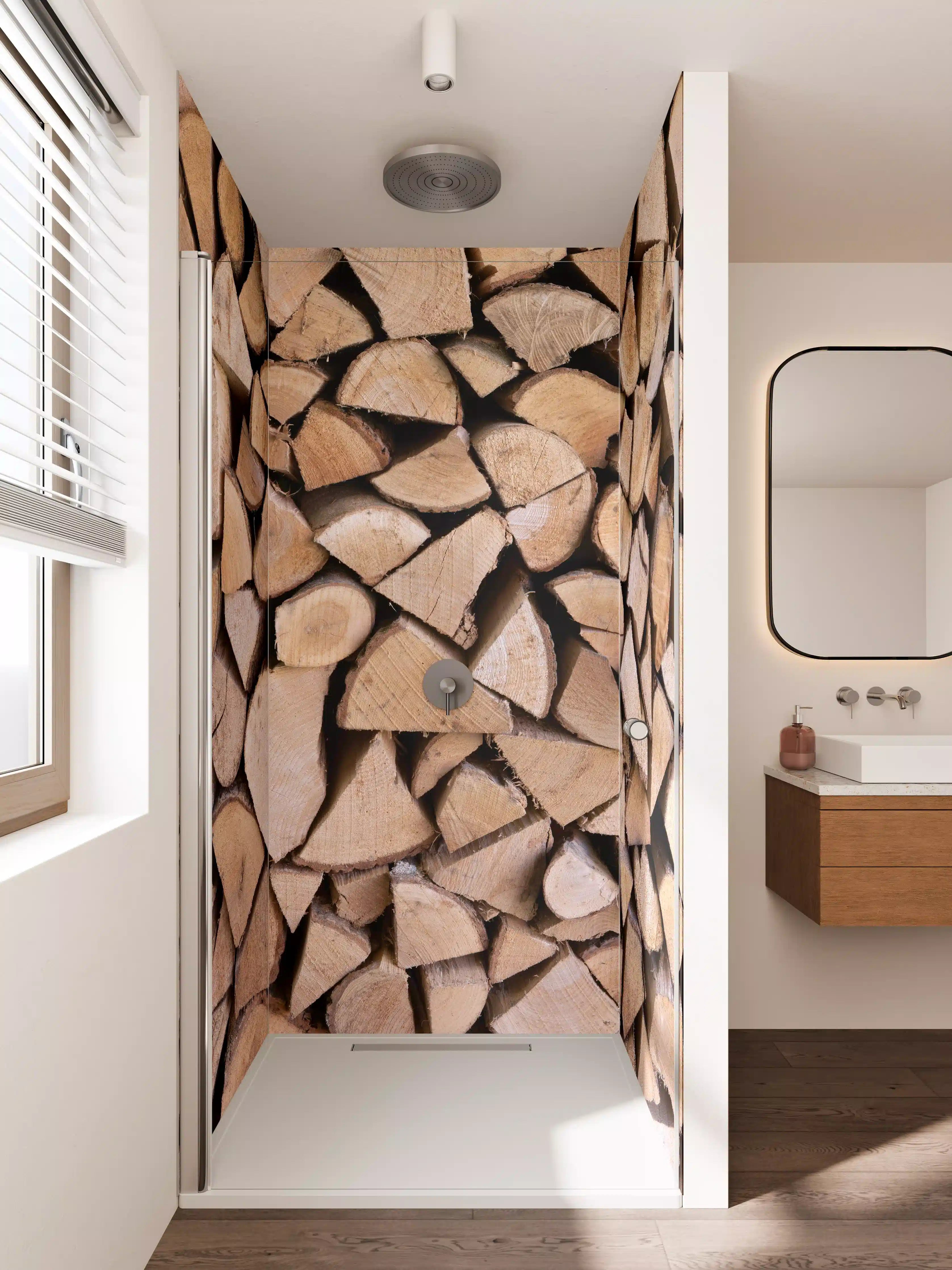Duschrückwand - Holzstapel in Naturtönen
