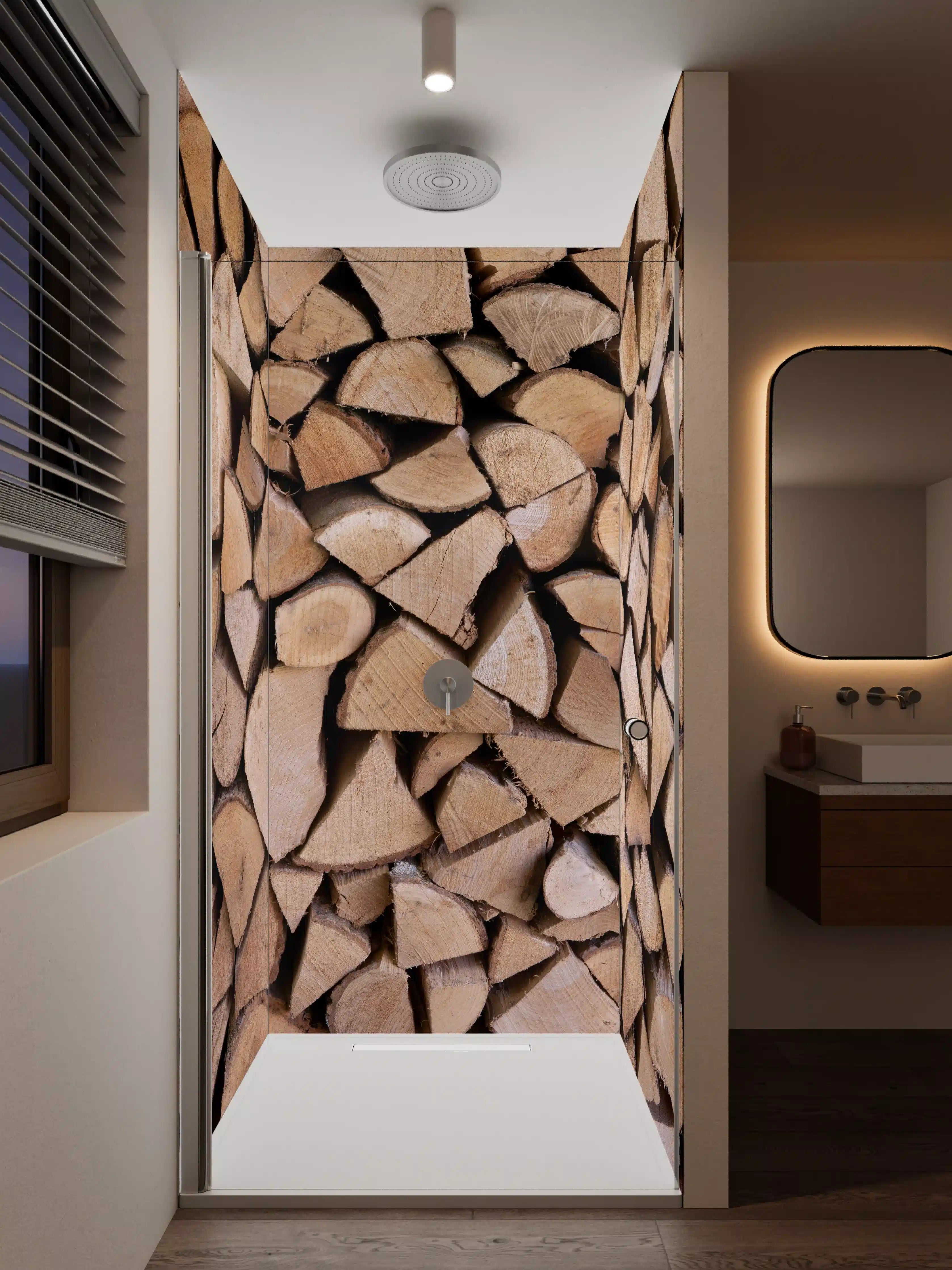 Duschrückwand - Holzstapel in Naturtönen